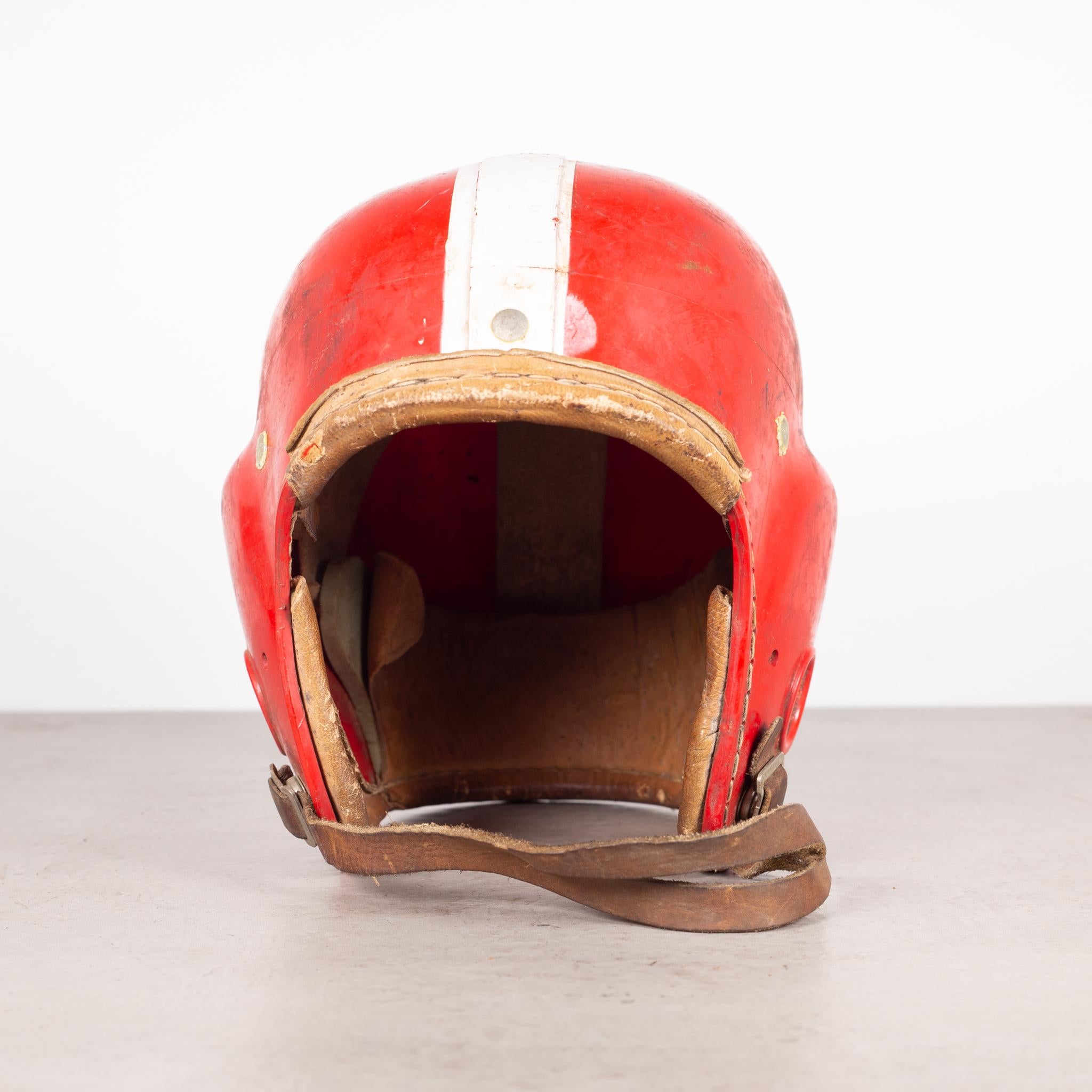 About

An original vintage football helmet with a leather chin strap.

Creator J.C. Higgins.
Date of manufacture c.1960.
Materials and techniques hard plastic, leather.
Condition good. Wear consistent with age and use.
Dimensions H 8 in. W 9