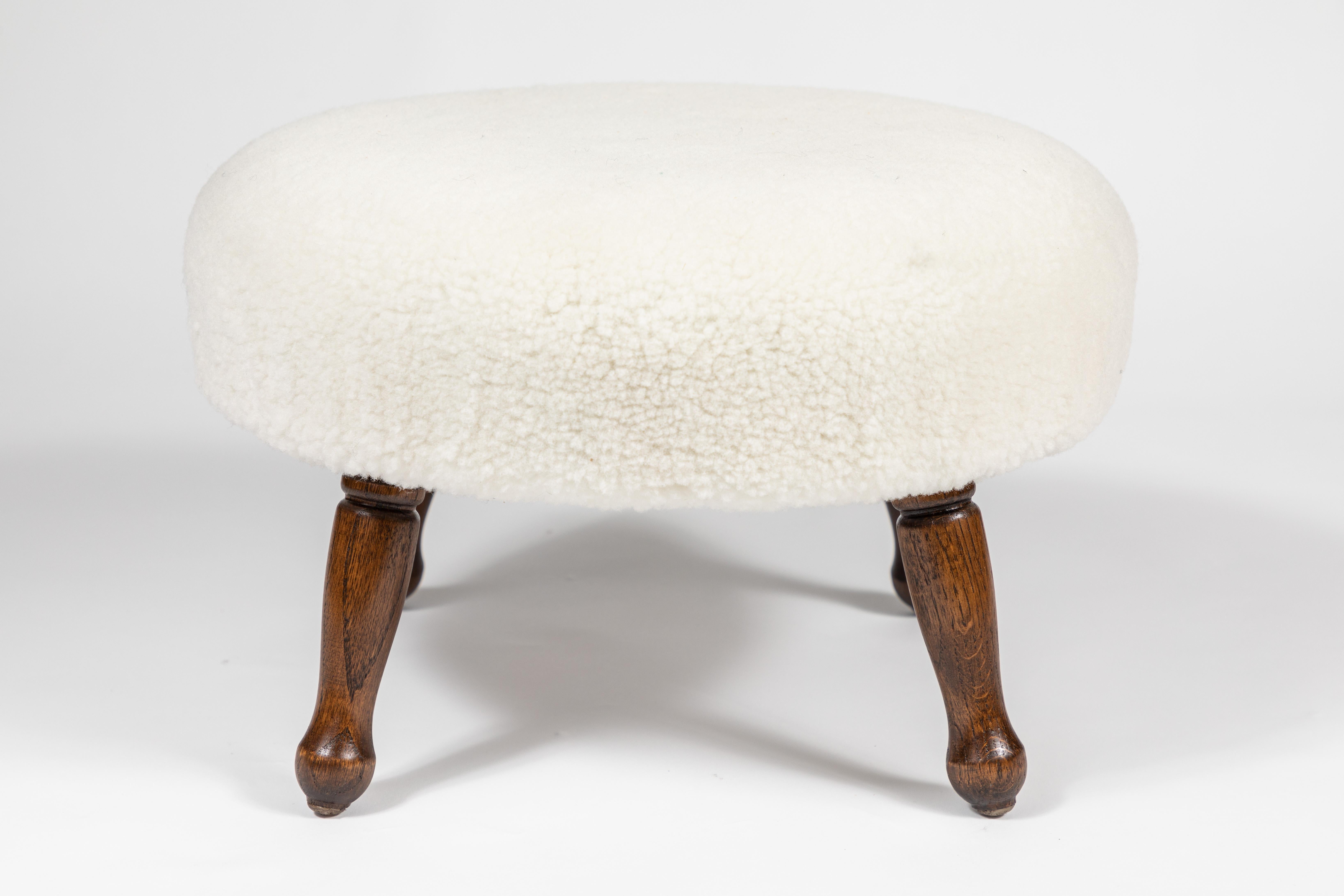 Mid-Century Modern Vintage Footstool Newly Upholstered in White Shearling