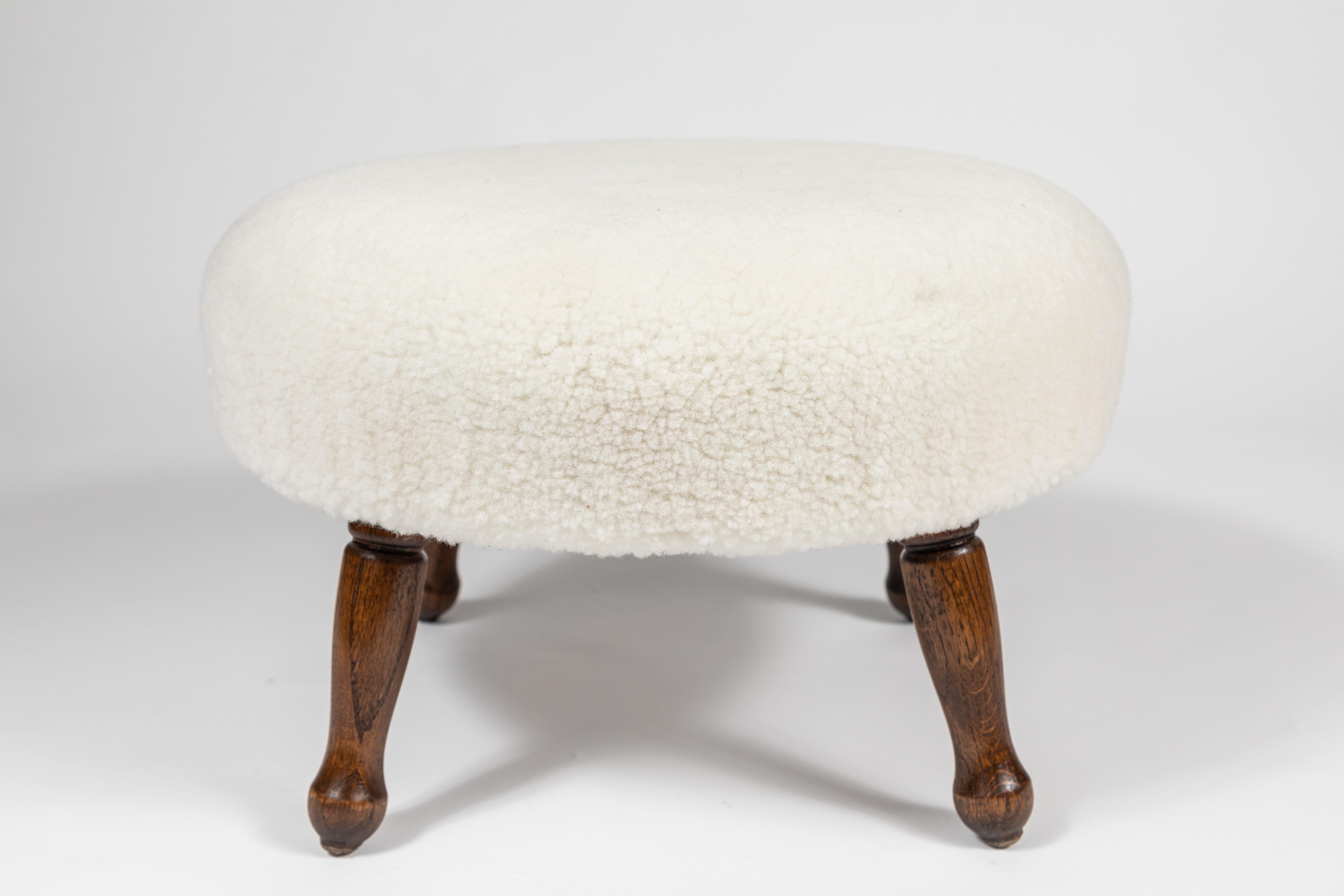 20th Century Vintage Footstool Newly Upholstered in White Shearling