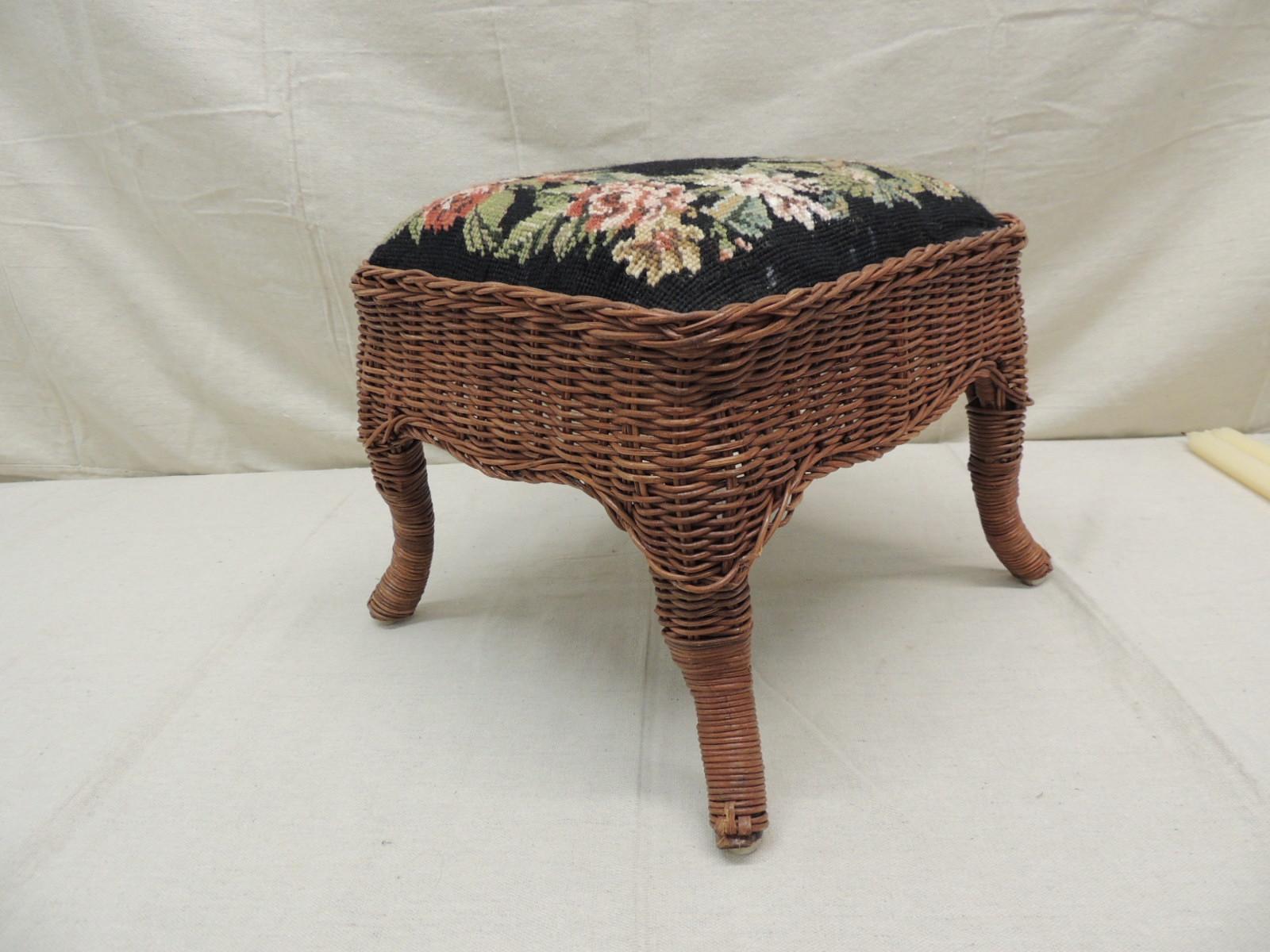 American Craftsman Vintage Footstool with Antique Style Needlepoint Tapestry