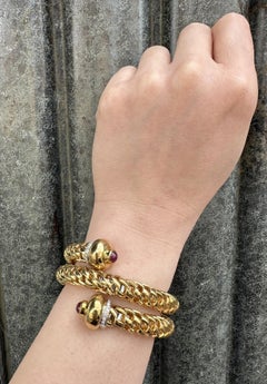 Vintage Fope 18k Solid Gold Diamond & Ruby Wrap Snake Heavy Bracelet