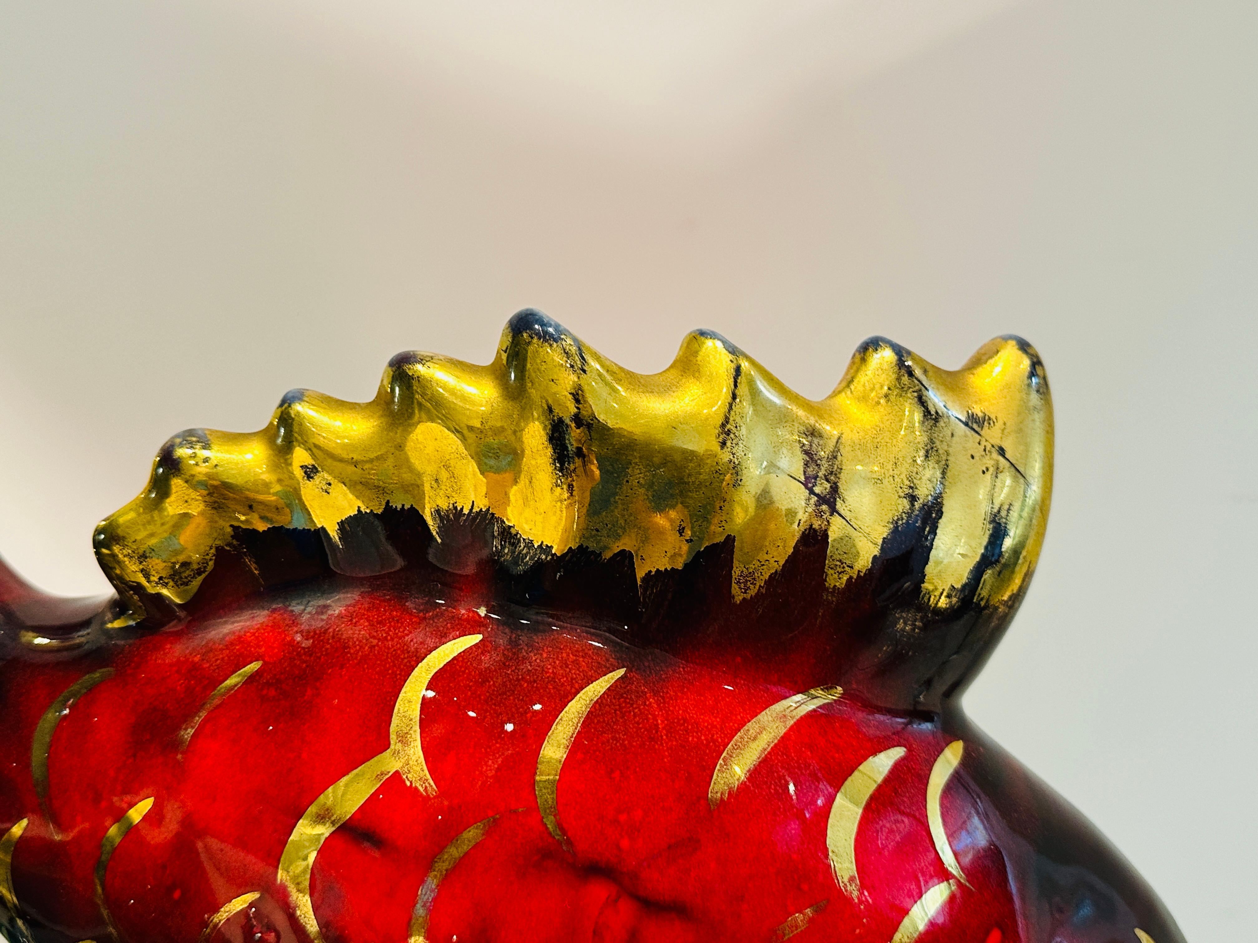 Vintage 1960s French Vallauris Ceramic Red & Gold Glazed Fish Table Lamp For Sale 7