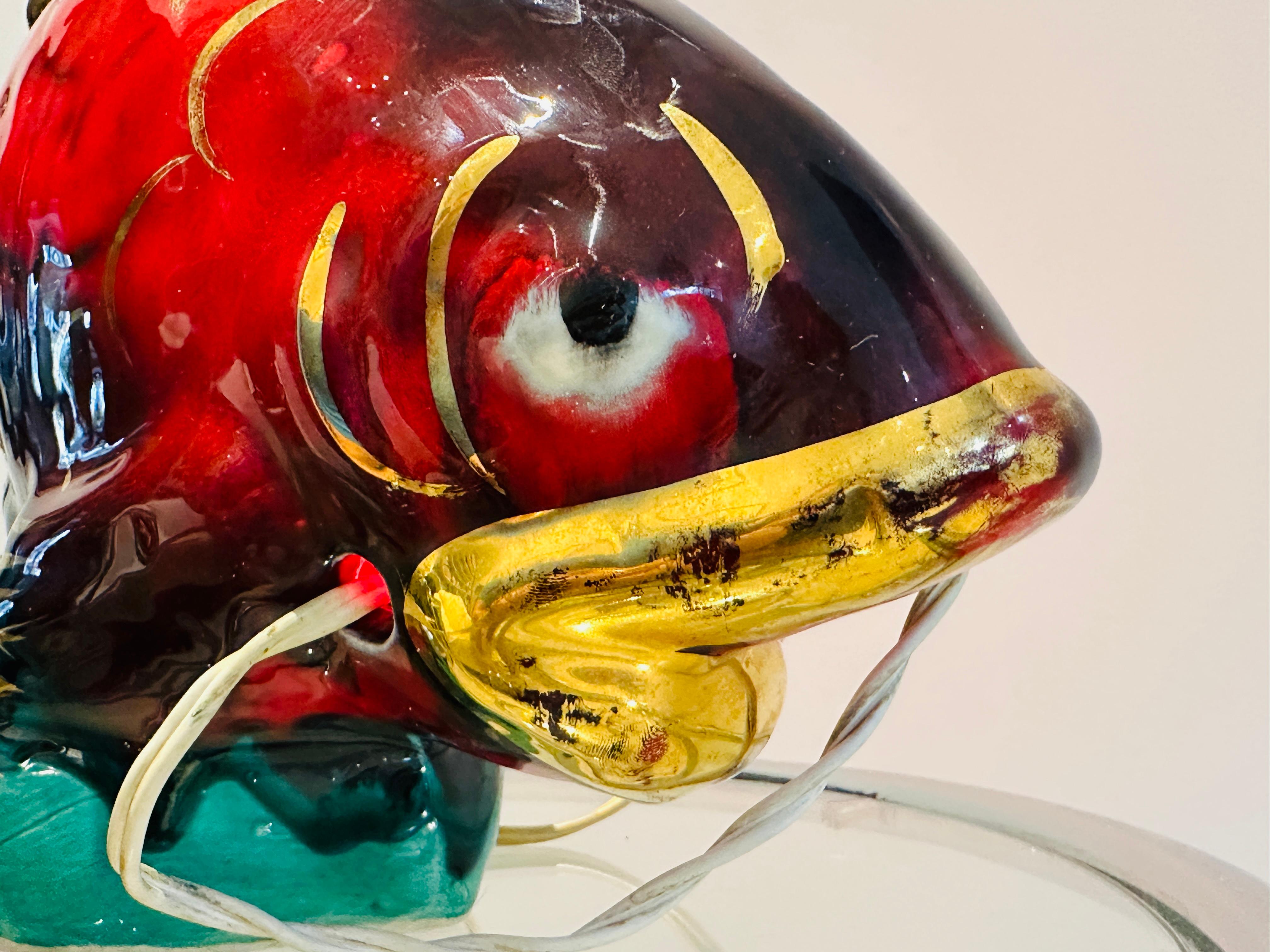 Vintage 1960s French Vallauris Ceramic Red & Gold Glazed Fish Table Lamp For Sale 8
