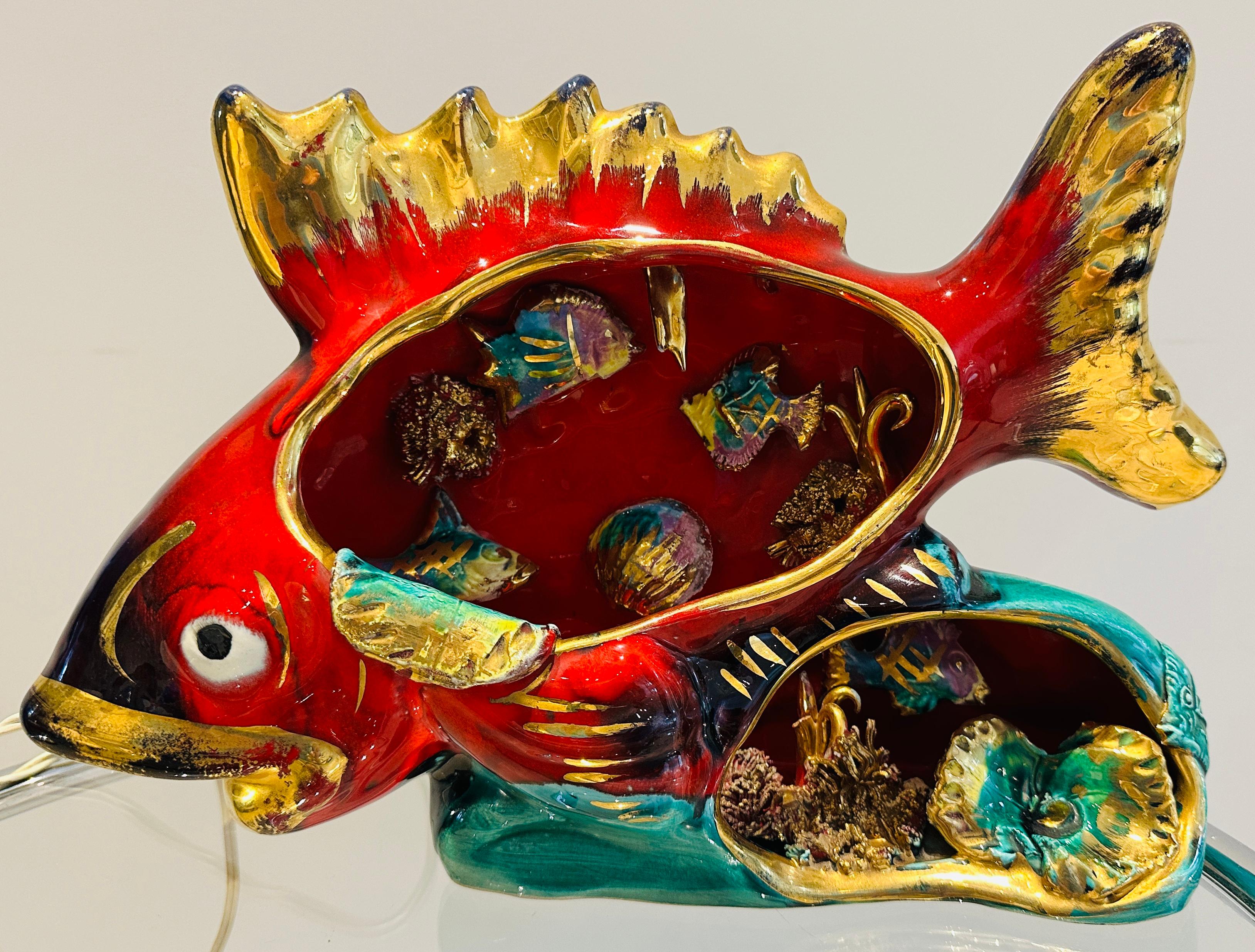 Vintage 1960s French Vallauris Ceramic Red & Gold Glazed Fish Table Lamp For Sale 9