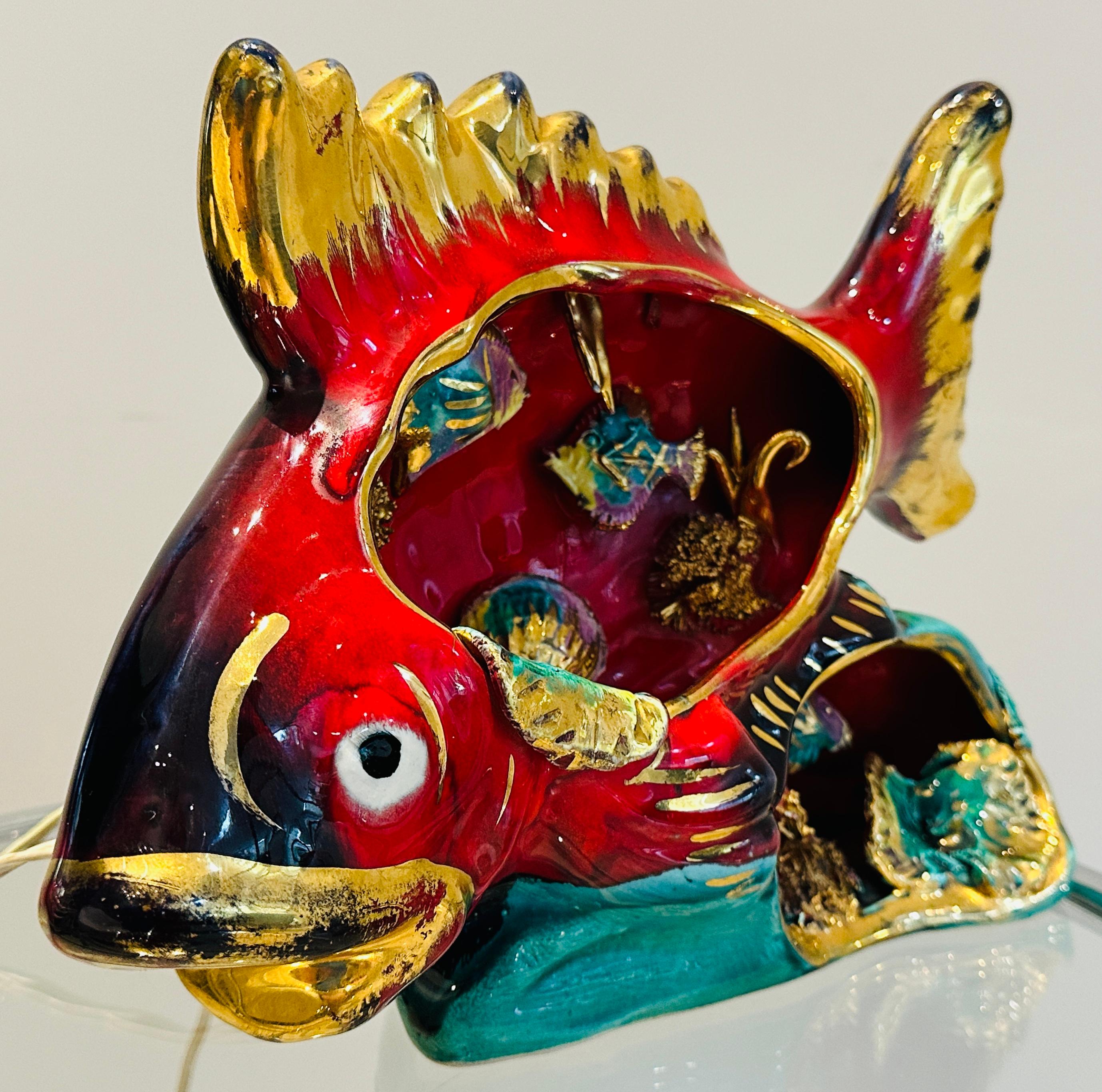 Vintage 1960s French Vallauris Ceramic Red & Gold Glazed Fish Table Lamp For Sale 10