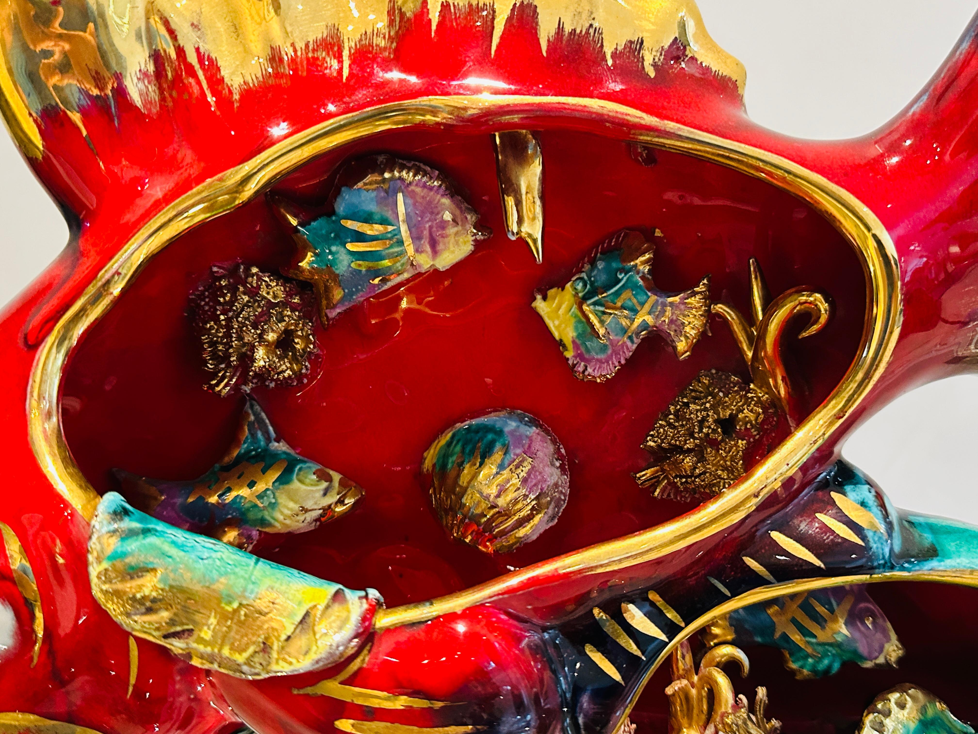 Vintage 1960s French Vallauris Ceramic Red & Gold Glazed Fish Table Lamp For Sale 11