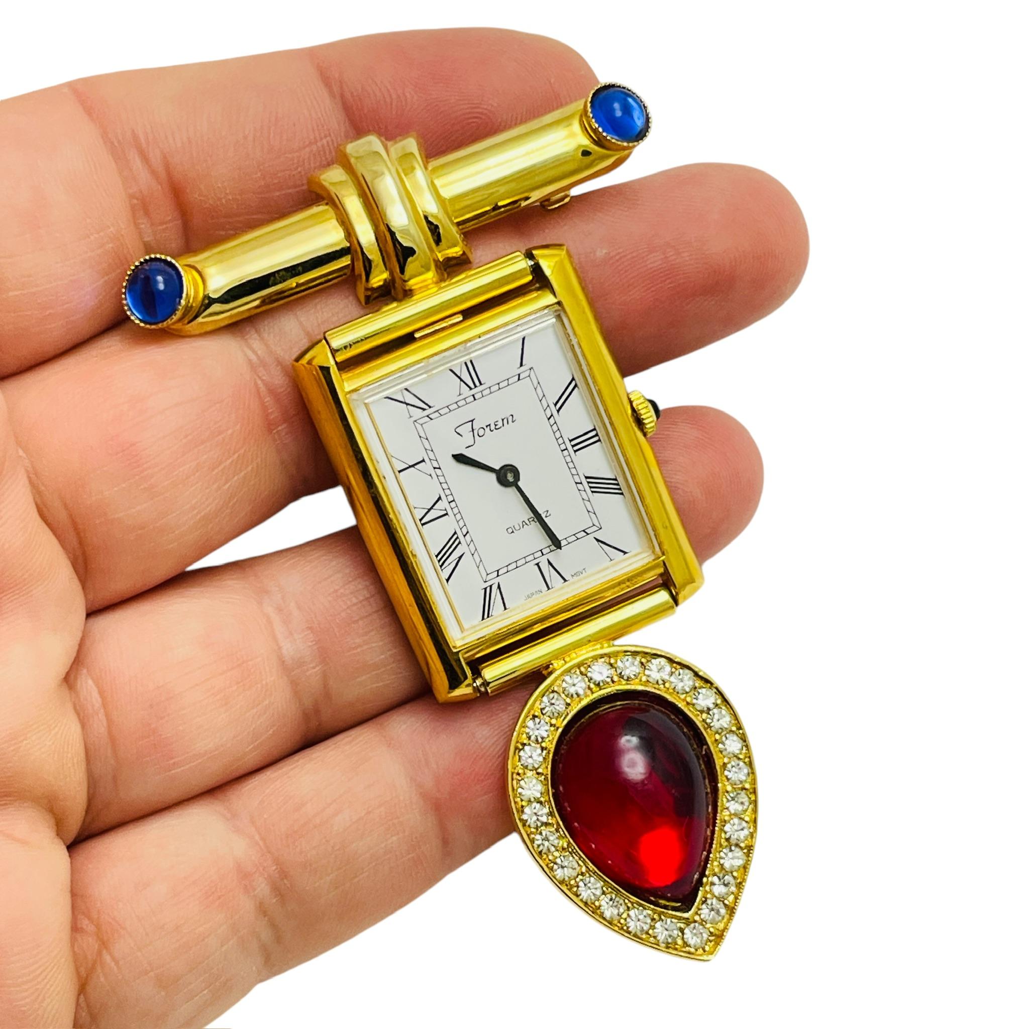 Women's Vintage FOREM signed gold tone jewel mogul watch designer brooch For Sale