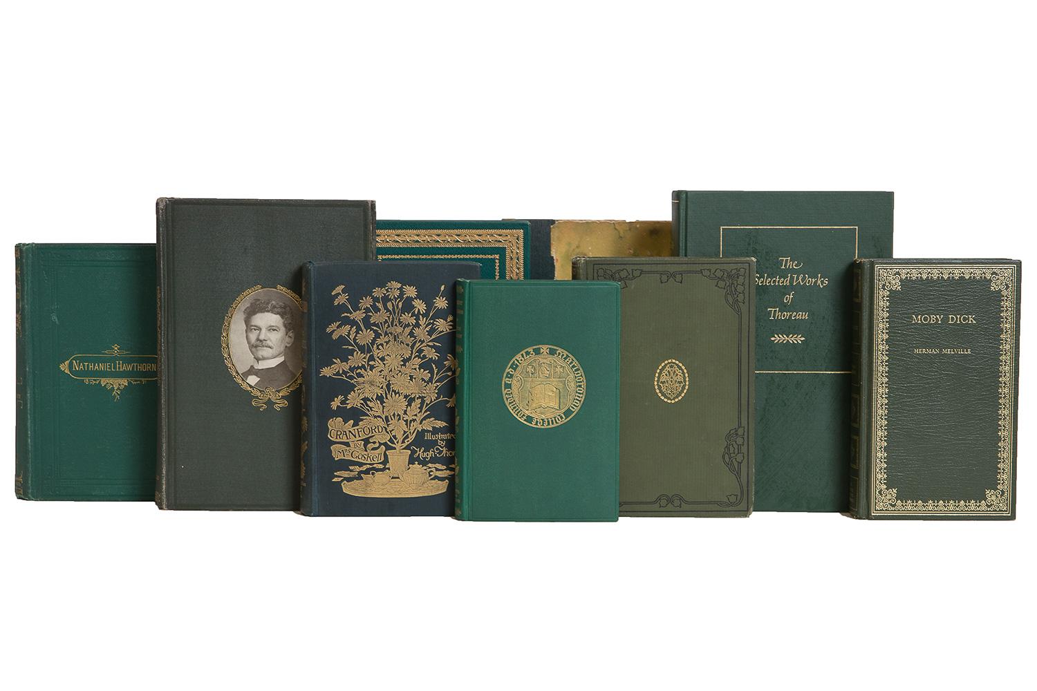 Features a blend of 20 authentic midcentury books published, 1940-1969. Includes a variety of literary classics by Kipling, Thoreau, Melville, and more in blended shades of green with heavy gold gilded spines. Select titles feature gilded and