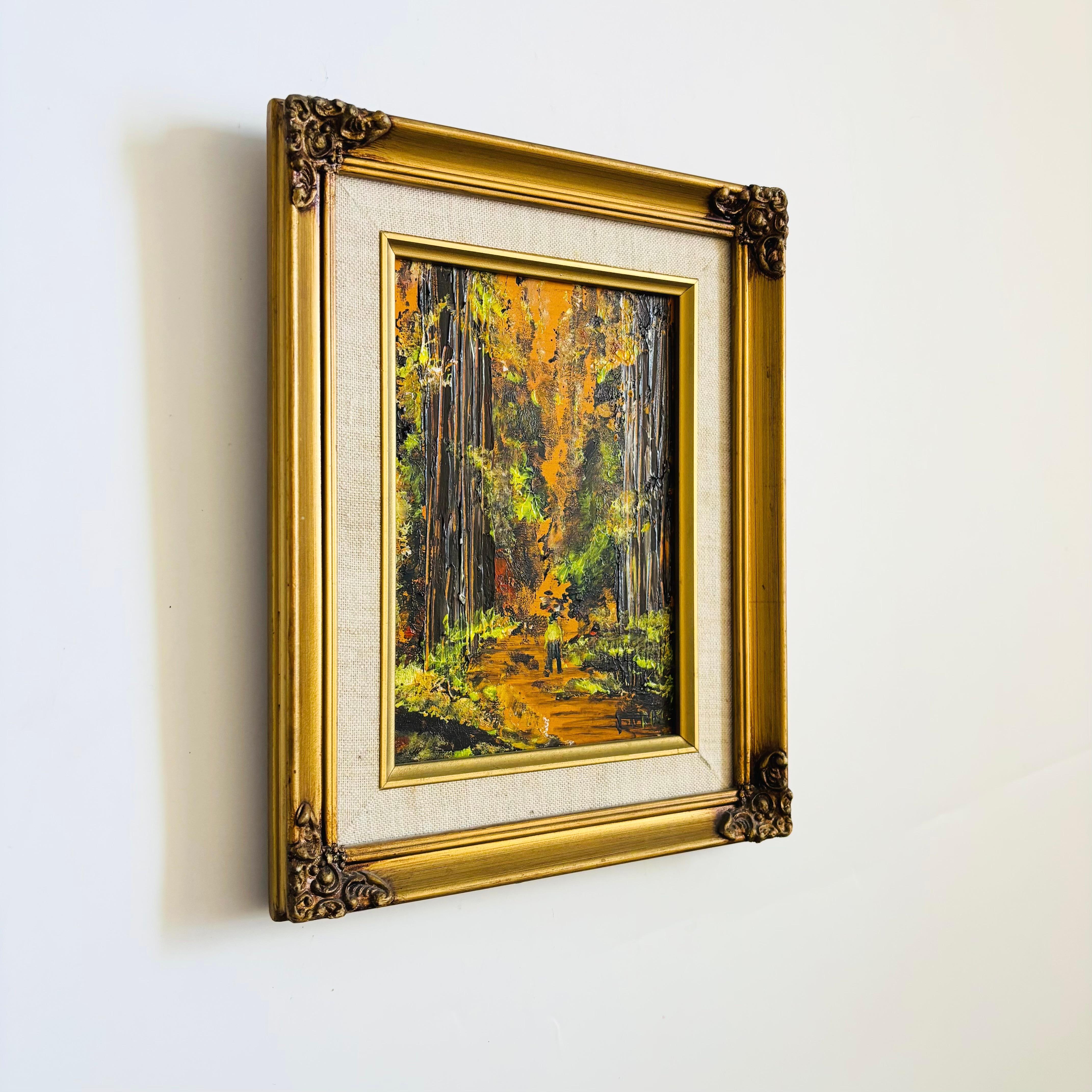 Ein Original-Ölgemälde auf Karton. Schöne Bilder einer Figur in der Mitte eines sich schlängelnden Pfades im Wald. Gut ausgeführt mit toller Textur und Bewegung in den Pinselstrichen. Signiert von der Künstlerin, Patricia Burke. Montiert in einem