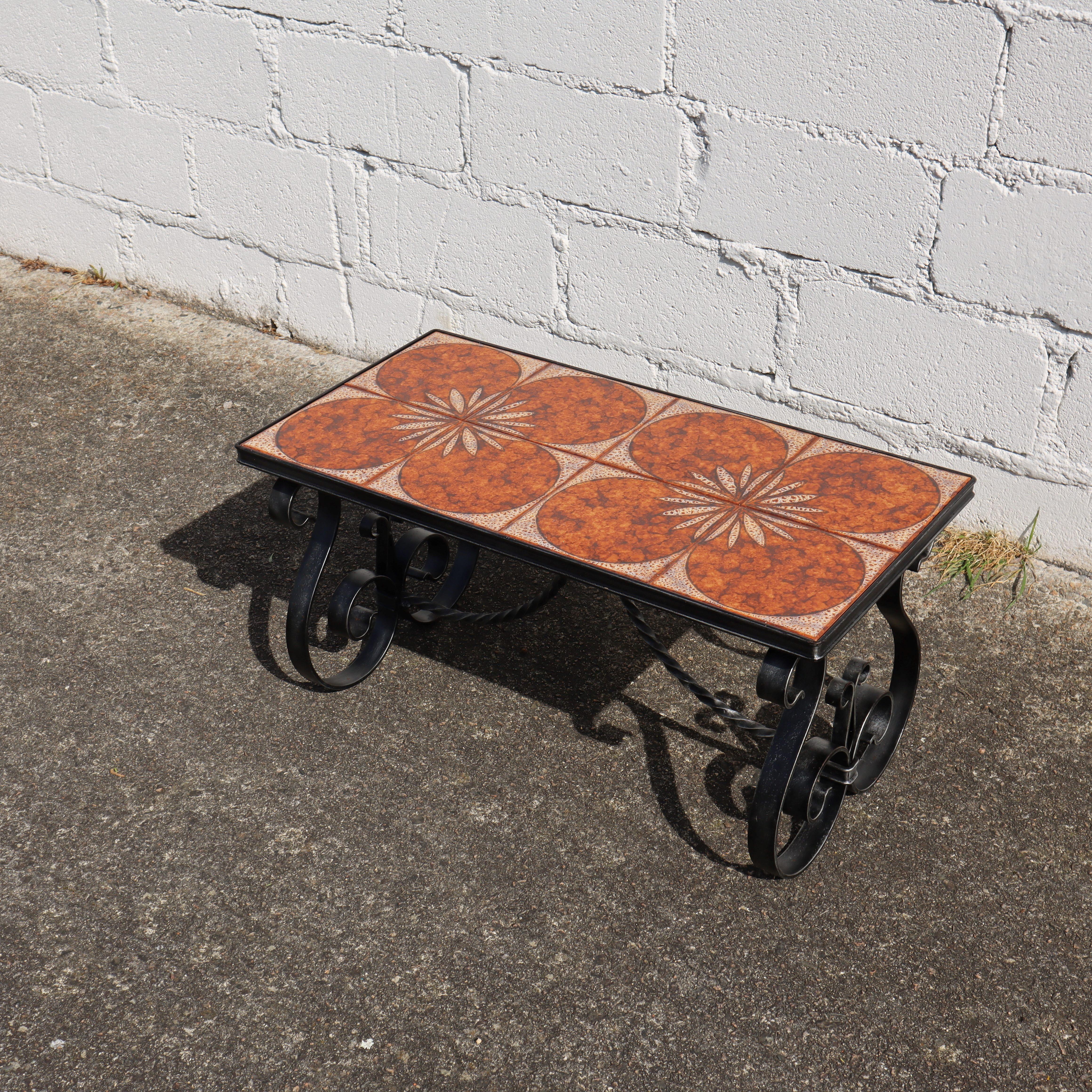 Mid-Century Modern Vintage Forged Iron and Ceramic Coffee Table - Cocktail Table - Patio Table-60s For Sale