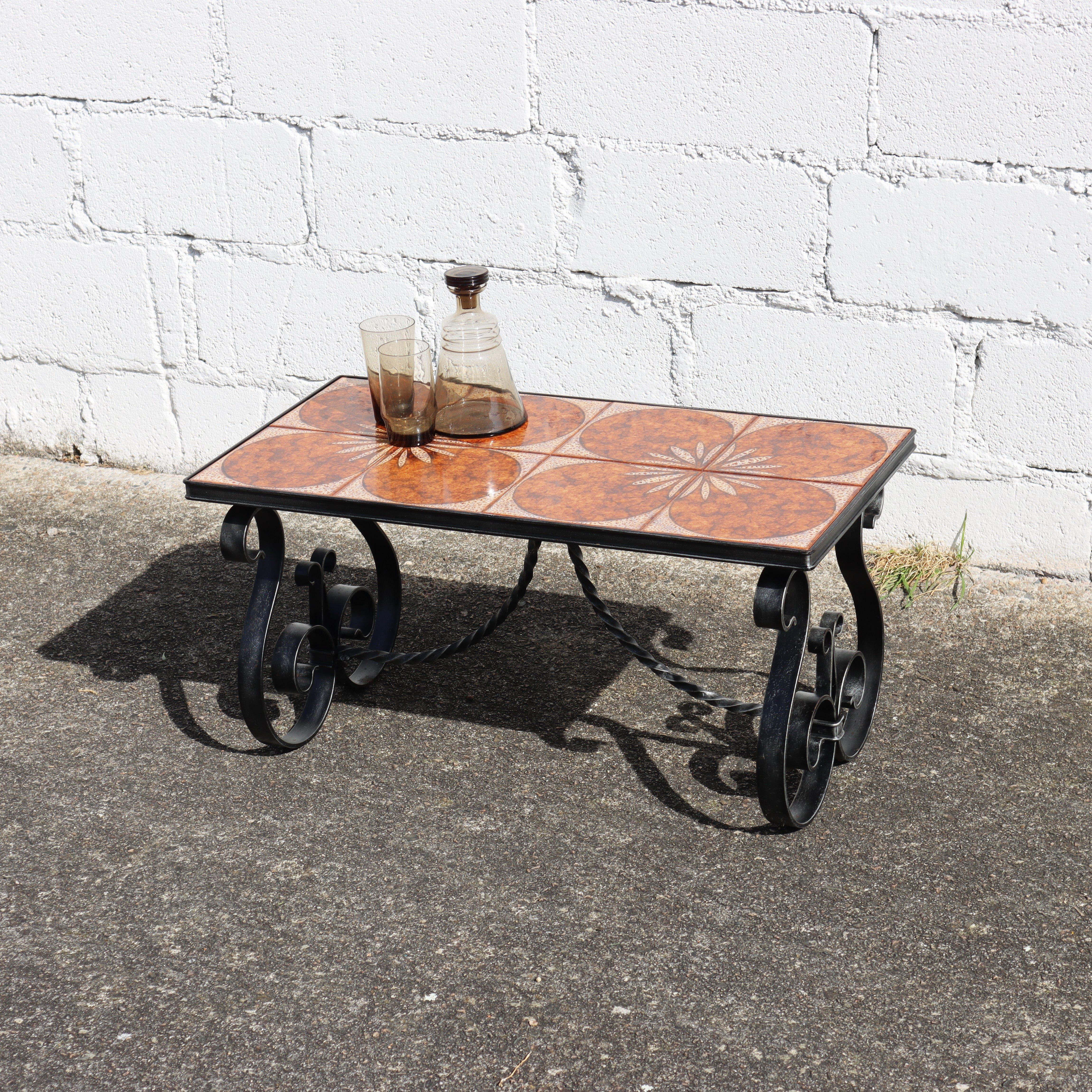 European Vintage Forged Iron and Ceramic Coffee Table - Cocktail Table - Patio Table-60s For Sale