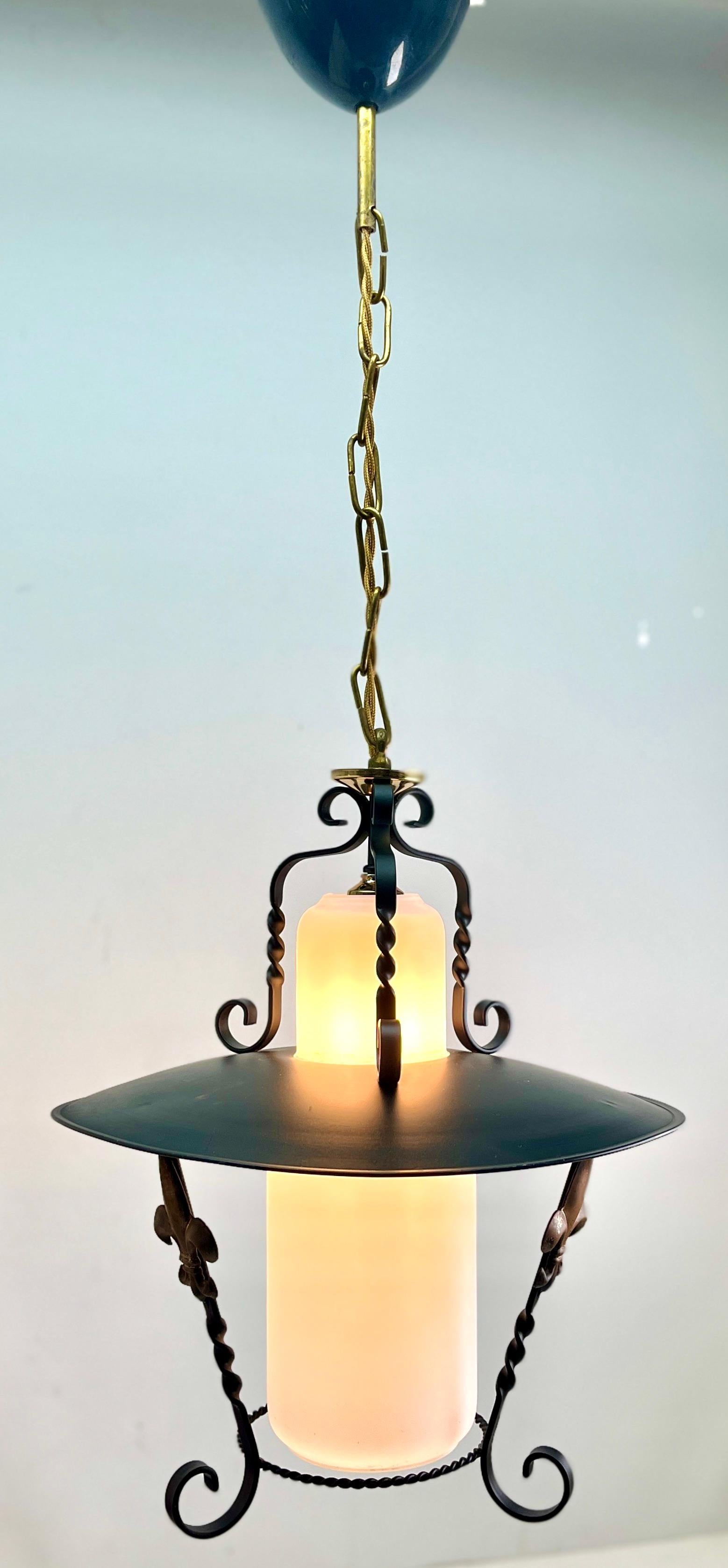 Mid-Century Modern Vintage Forget and Opaline Glass Pendant Lobby Lamp, 1960s