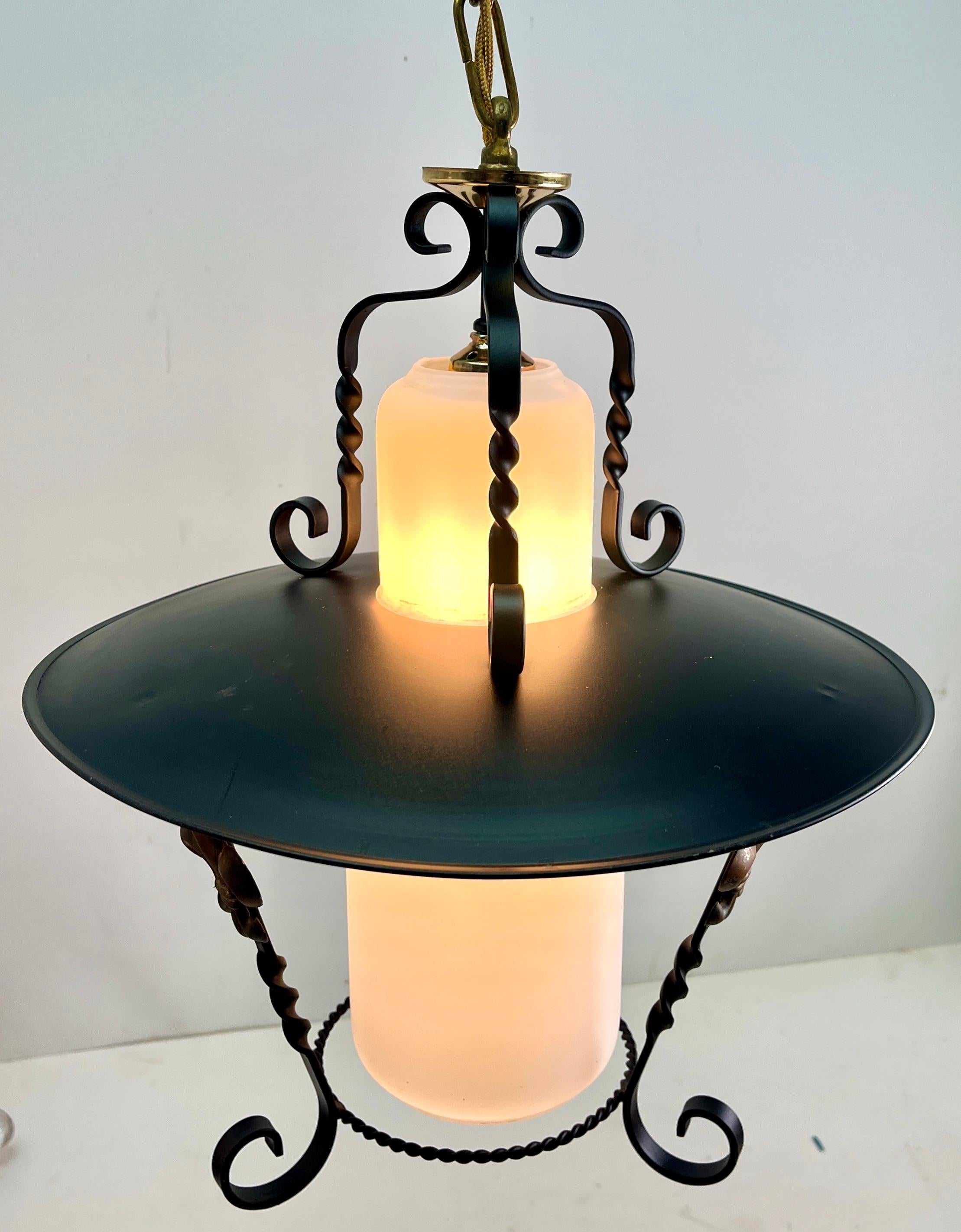 Belgian Vintage Forget and Opaline Glass Pendant Lobby Lamp, 1960s