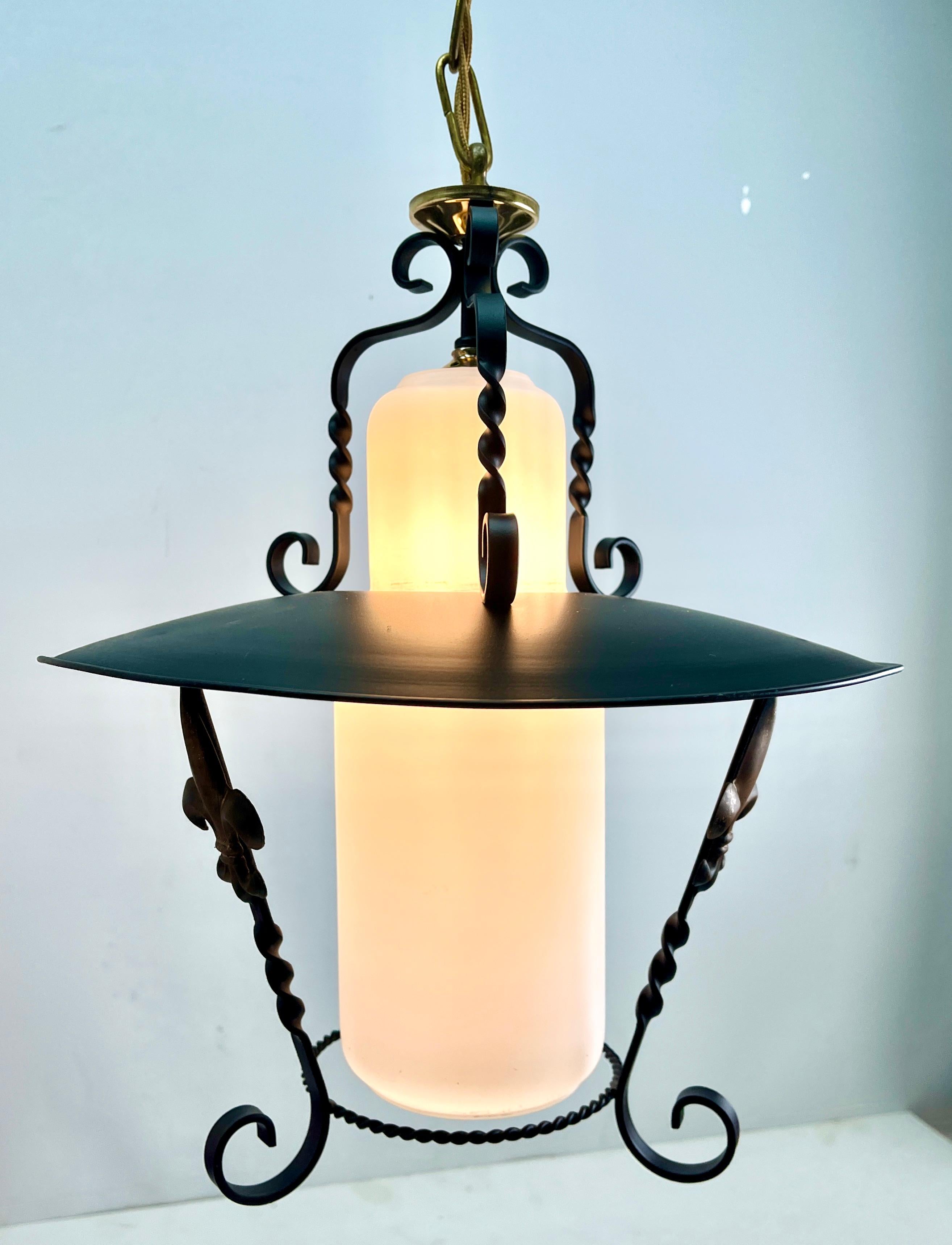 Machine-Made Vintage Forget and Opaline Glass Pendant Lobby Lamp, 1960s