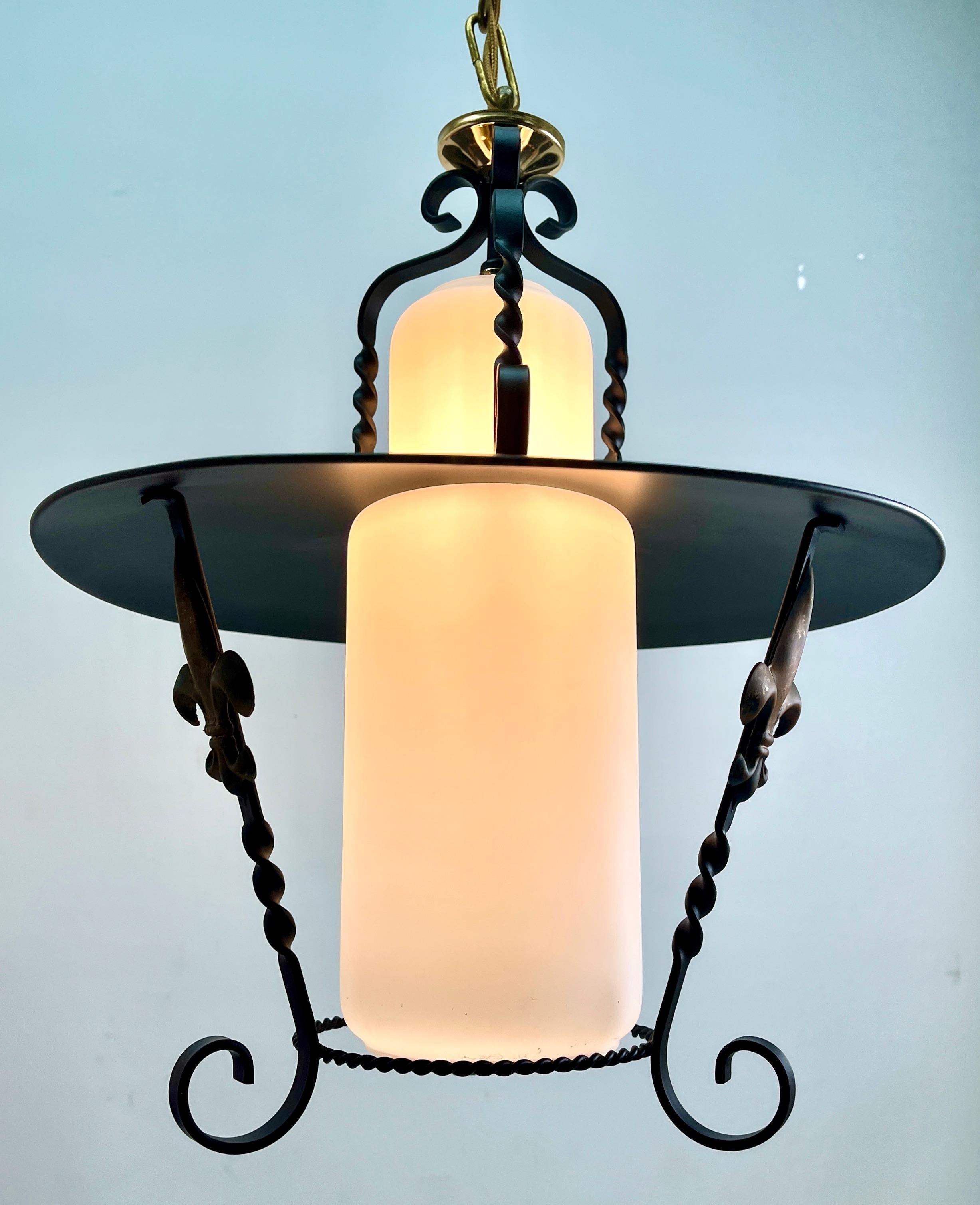 Vintage Forget and Opaline Glass Pendant Lobby Lamp, 1960s In Good Condition In Verviers, BE