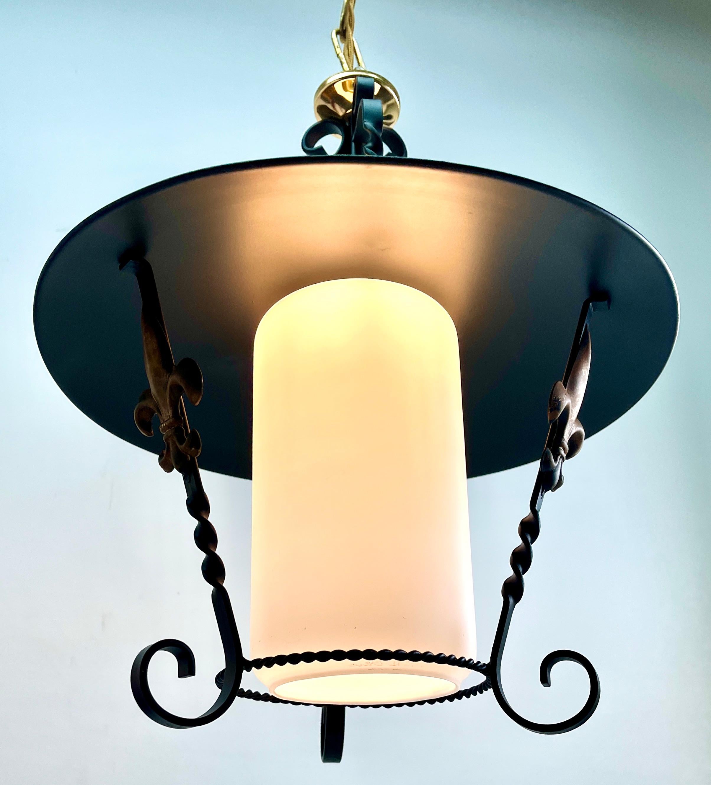 Vintage Forget and Opaline Glass Pendant Lobby Lamp, 1960s 1