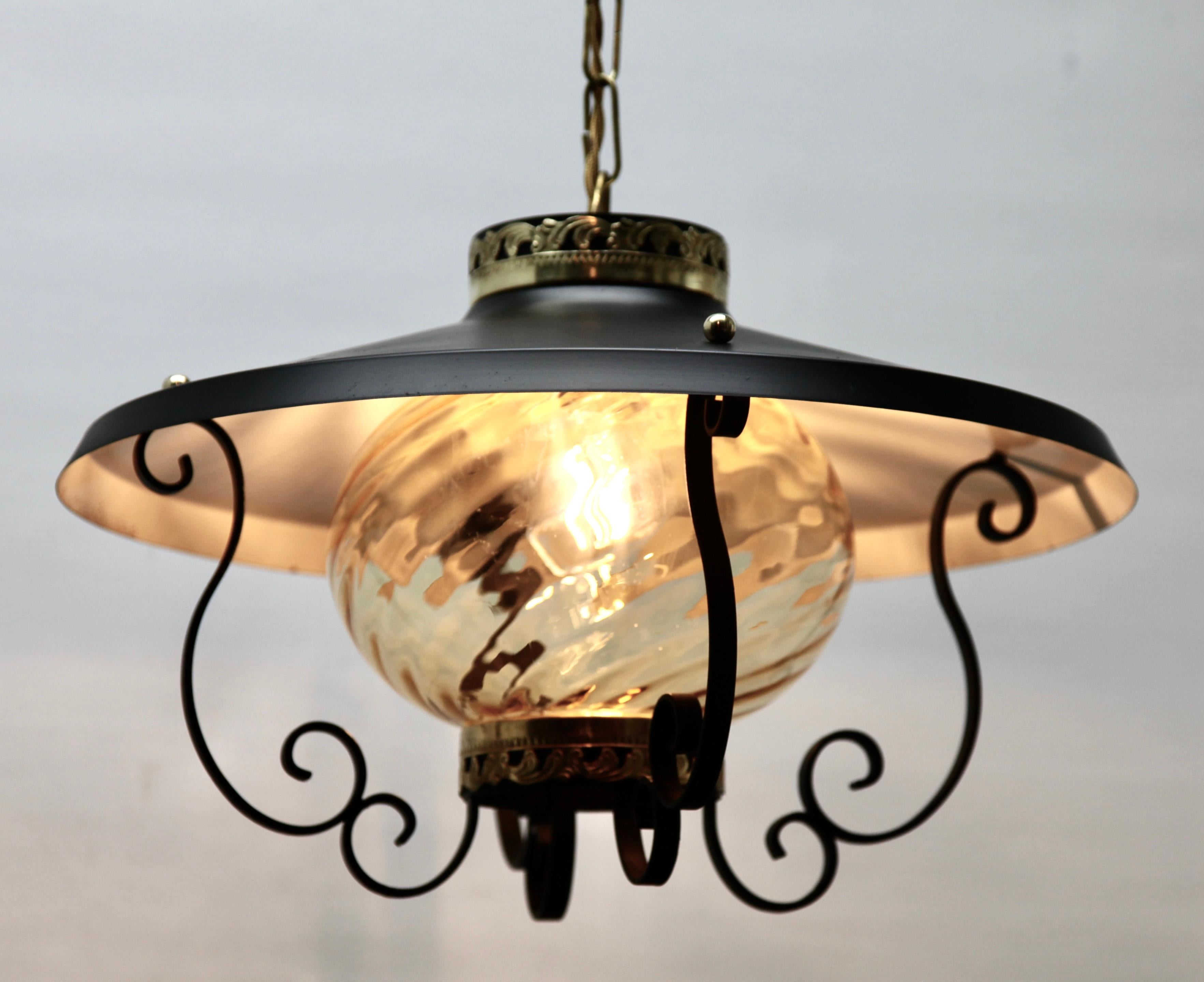 Belgian Vintage Forget and Ribbed Glass Pendant Lobby Lamp, 1960s For Sale