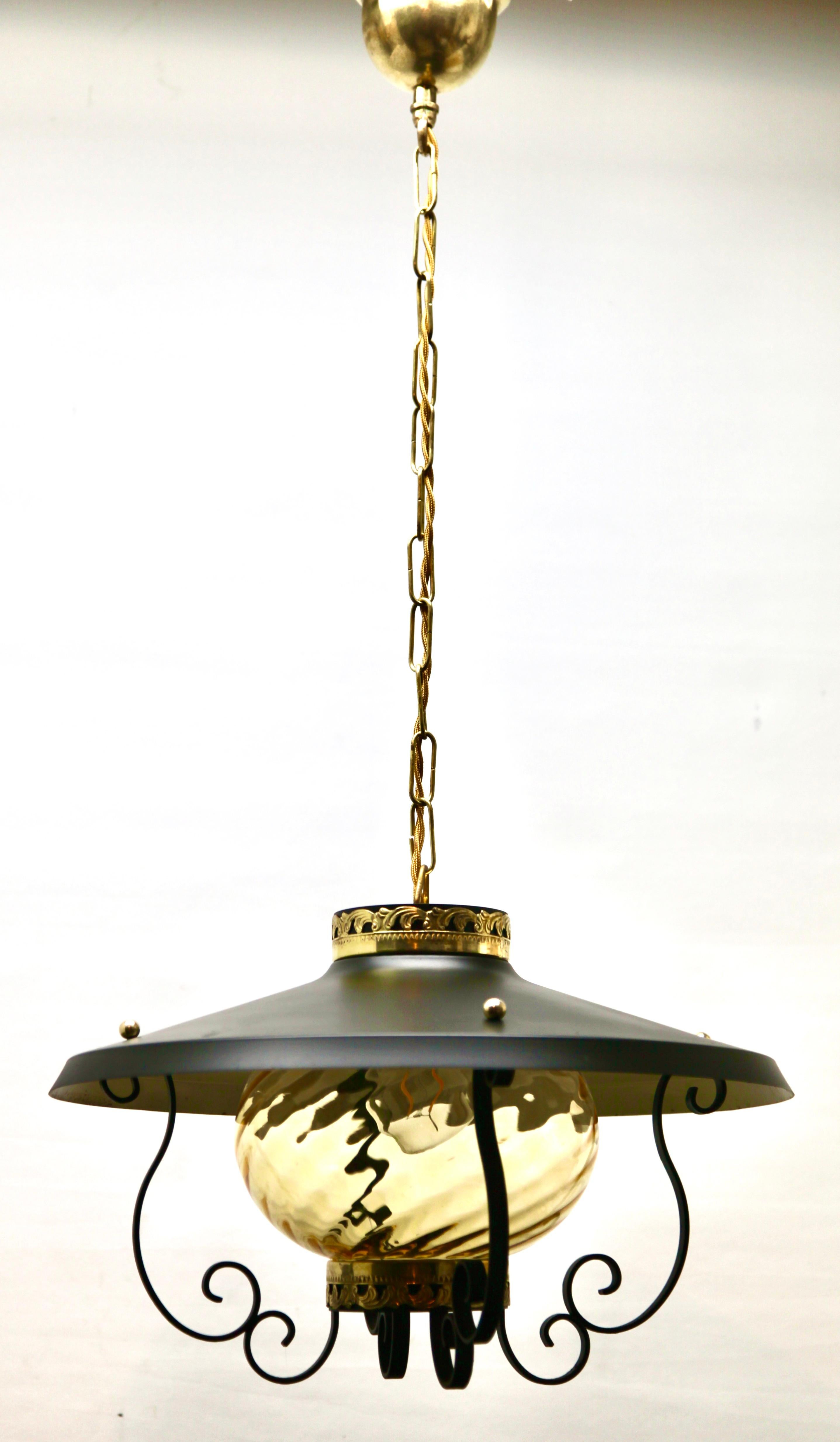 Machine-Made Vintage Forget and Ribbed Glass Pendant Lobby Lamp, 1960s For Sale