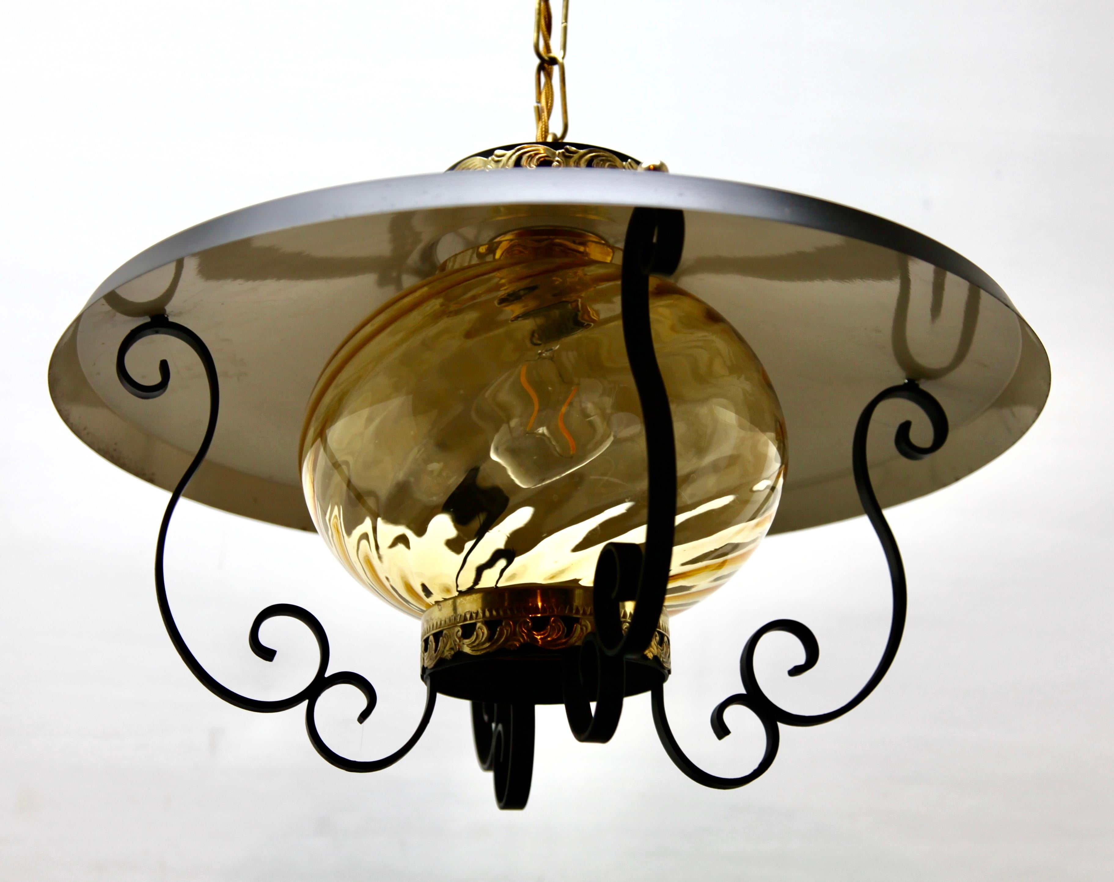 Mid-20th Century Vintage Forget and Ribbed Glass Pendant Lobby Lamp, 1960s For Sale