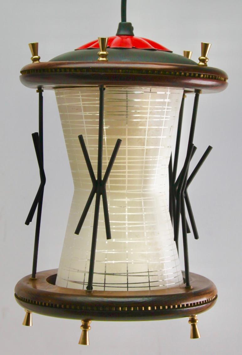 Vintage Forget and Ribbed Glass whit wooden Details Pendant Lobby Lamp, 1950s For Sale 2