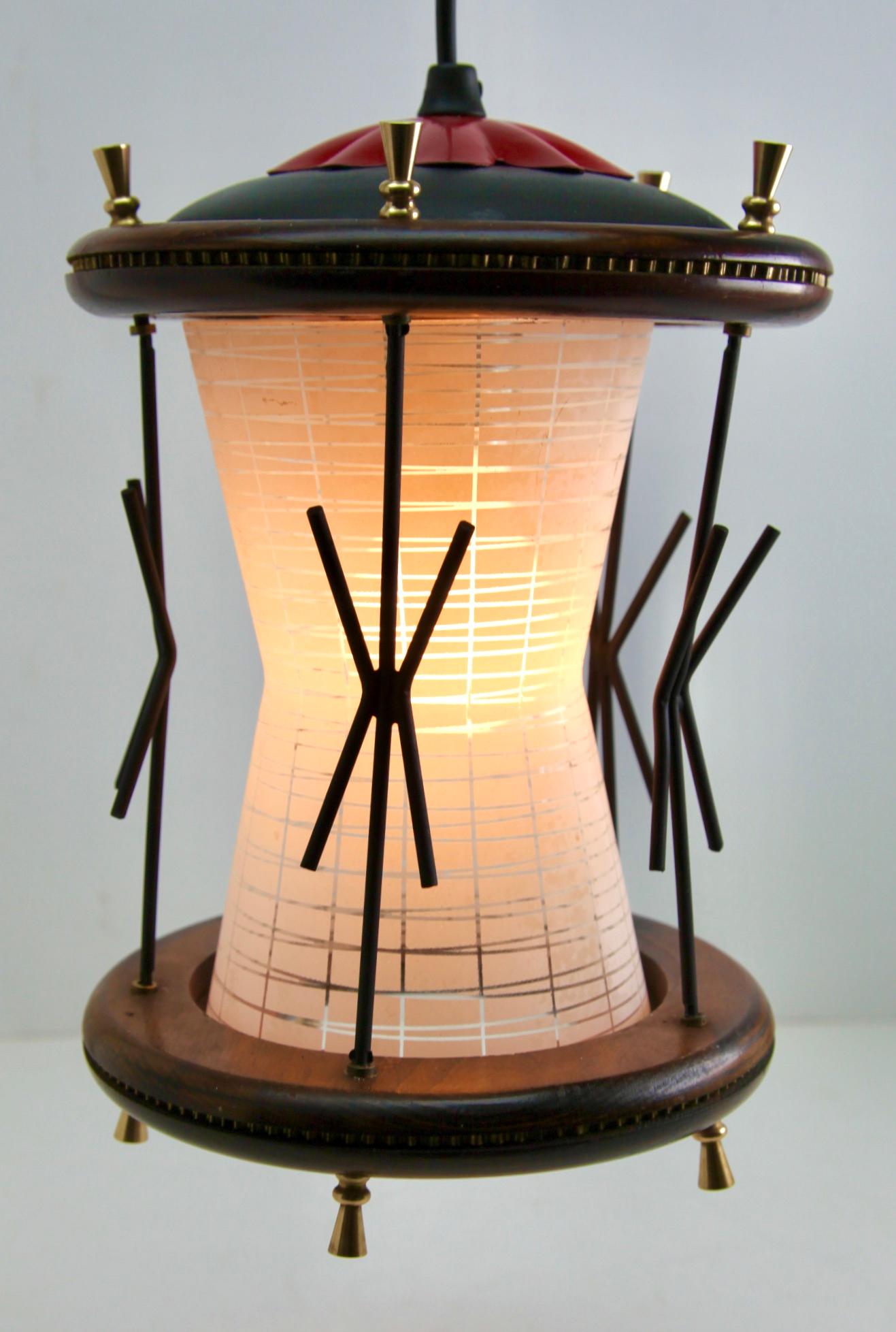 Belgian Vintage Forget and Ribbed Glass whit wooden Details Pendant Lobby Lamp, 1950s For Sale