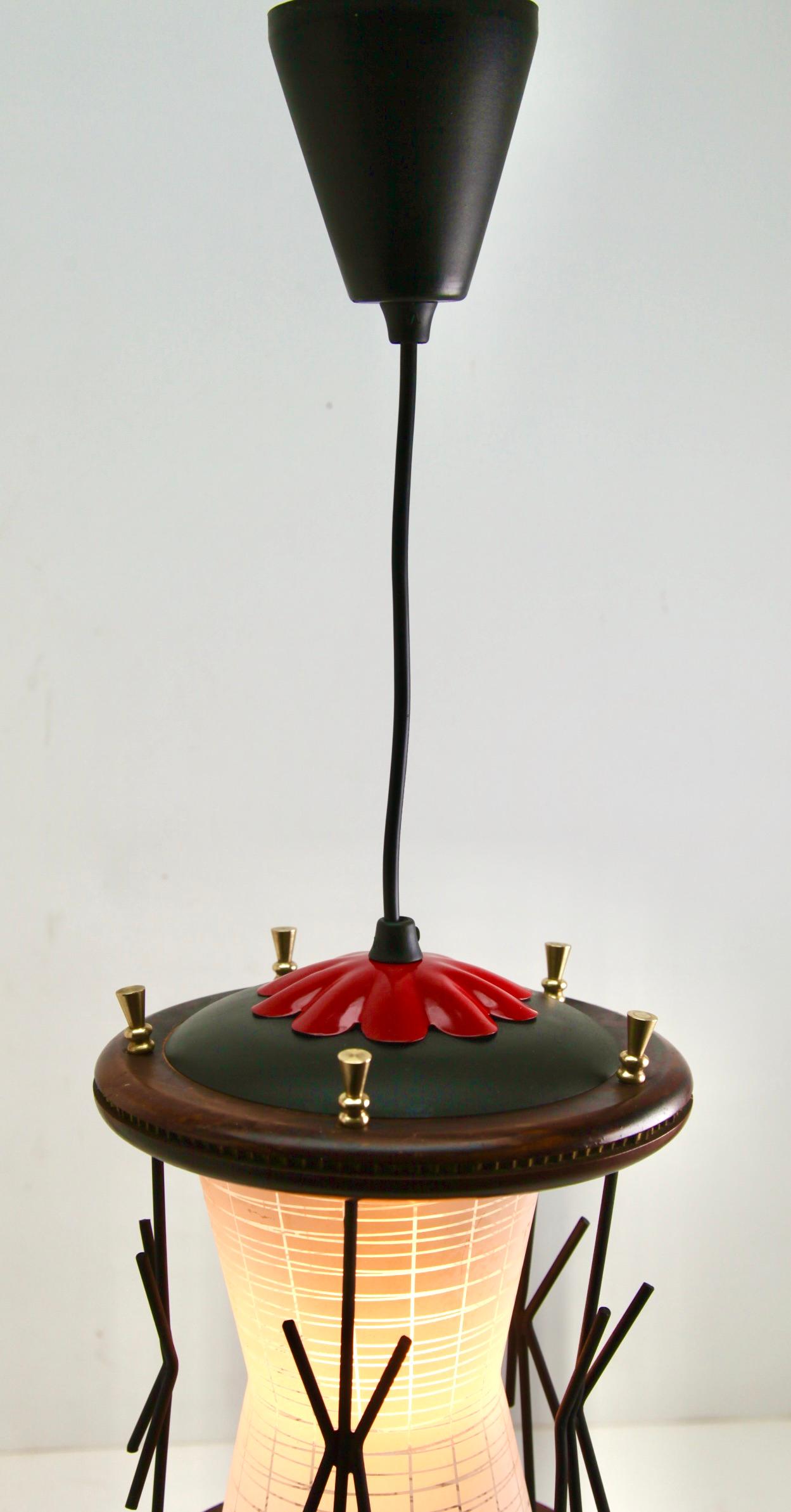 Forged Vintage Forget and Ribbed Glass whit wooden Details Pendant Lobby Lamp, 1950s For Sale
