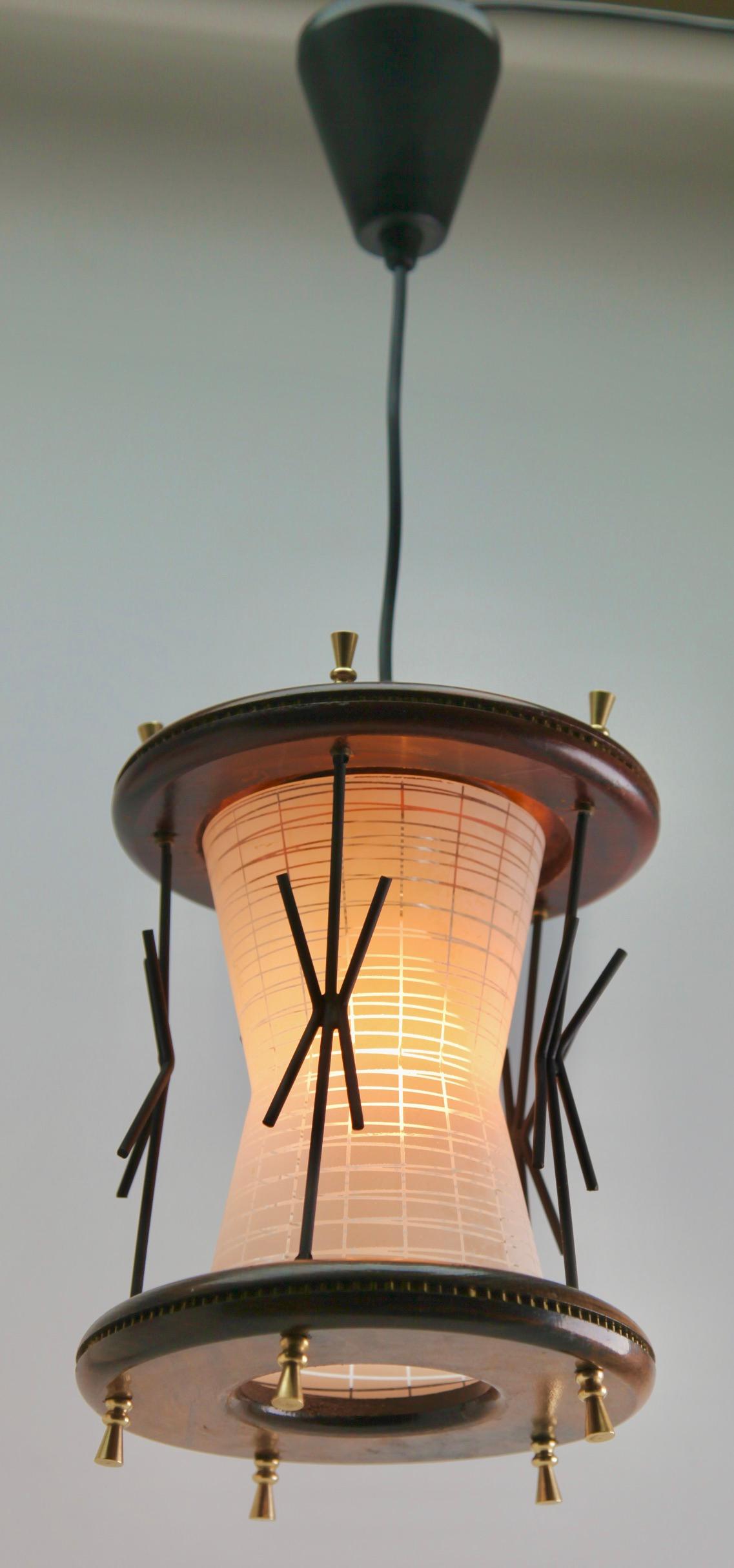 Mid-20th Century Vintage Forget and Ribbed Glass whit wooden Details Pendant Lobby Lamp, 1950s For Sale