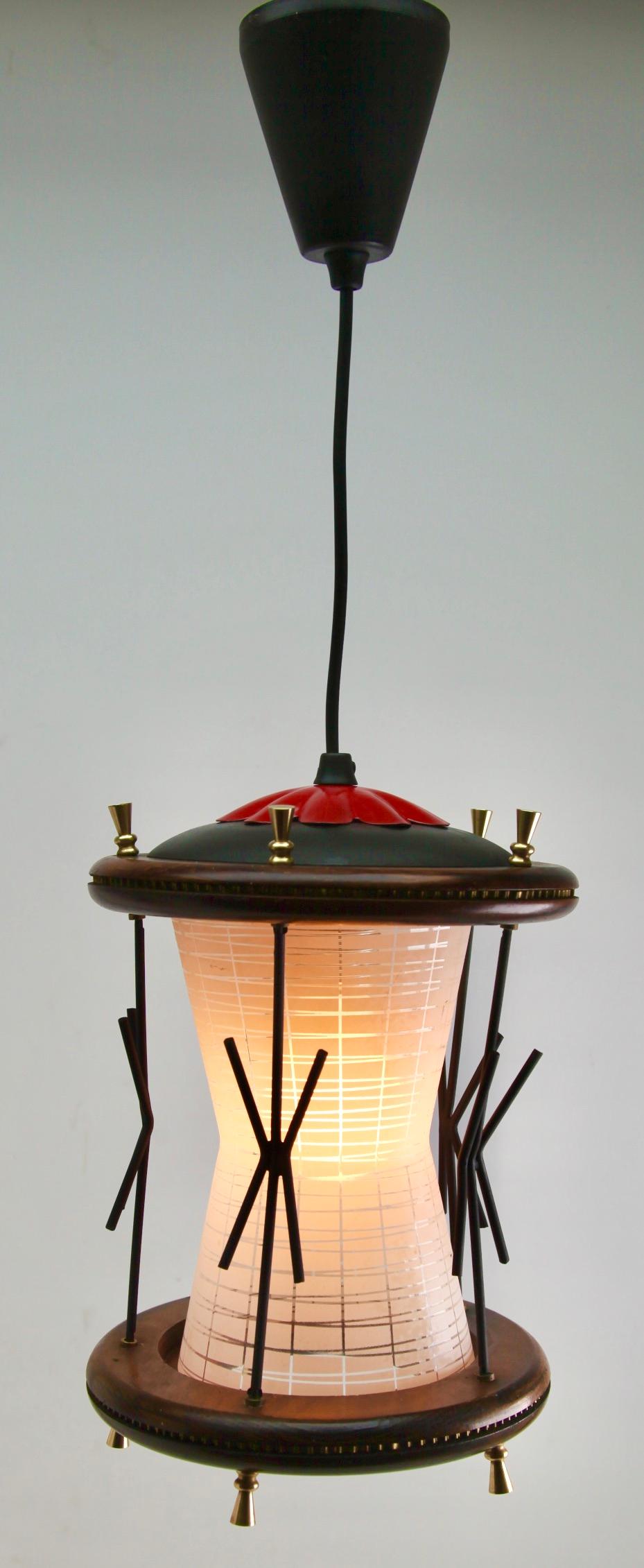 Metal Vintage Forget and Ribbed Glass whit wooden Details Pendant Lobby Lamp, 1950s For Sale