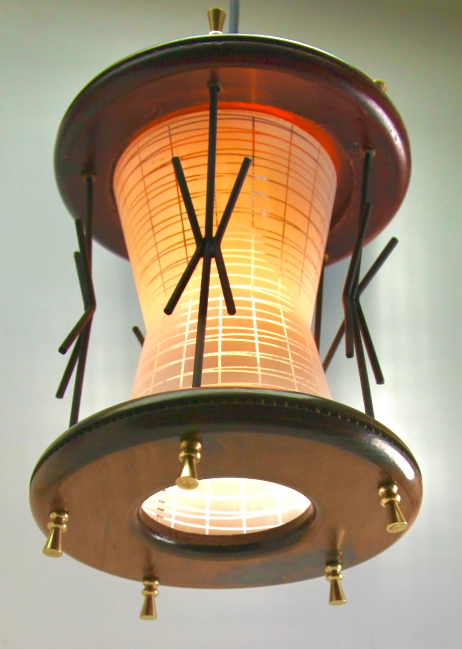 Vintage Forget and Ribbed Glass whit wooden Details Pendant Lobby Lamp, 1950s For Sale 1