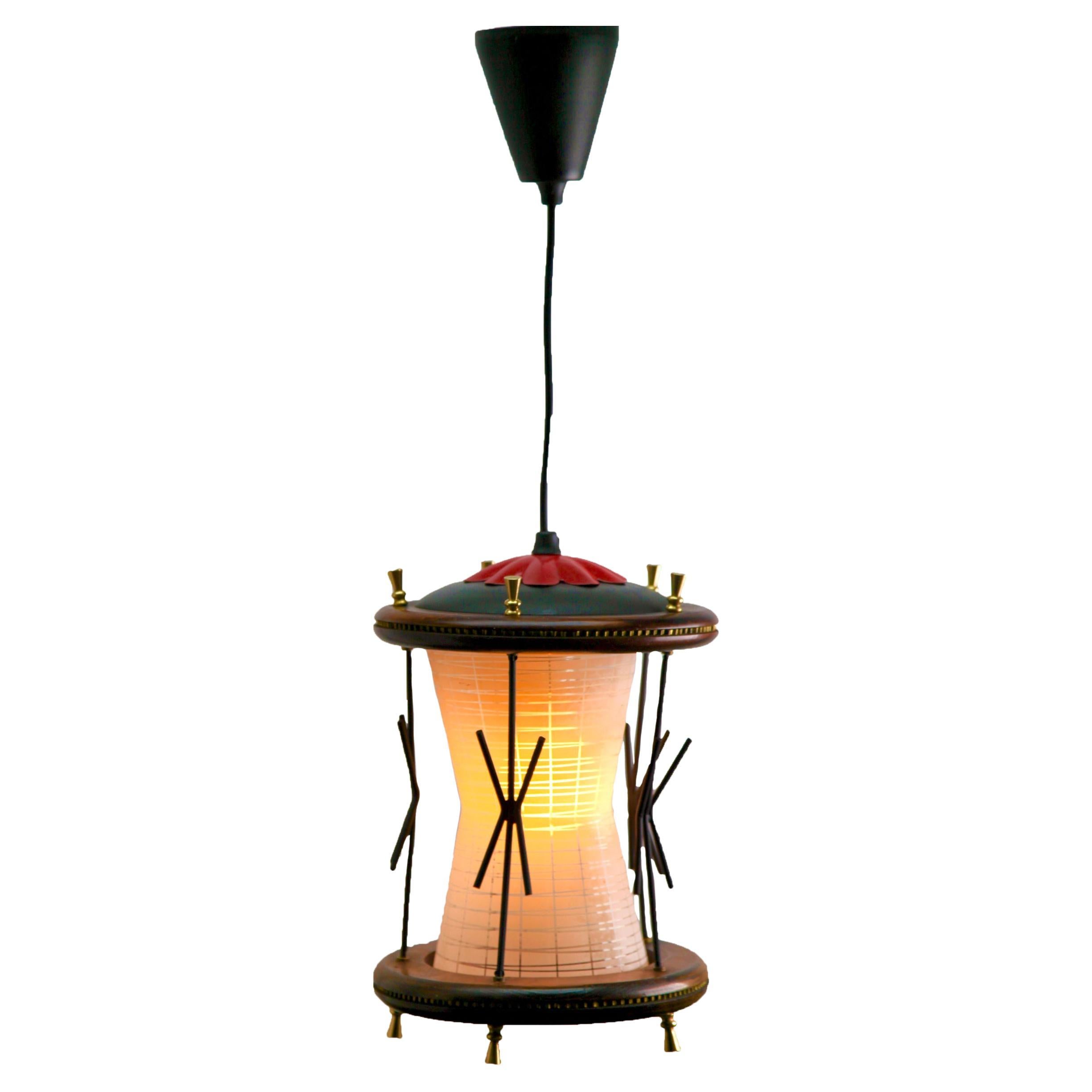 Vintage Forget and Ribbed Glass whit wooden Details Pendant Lobby Lamp, 1950s For Sale