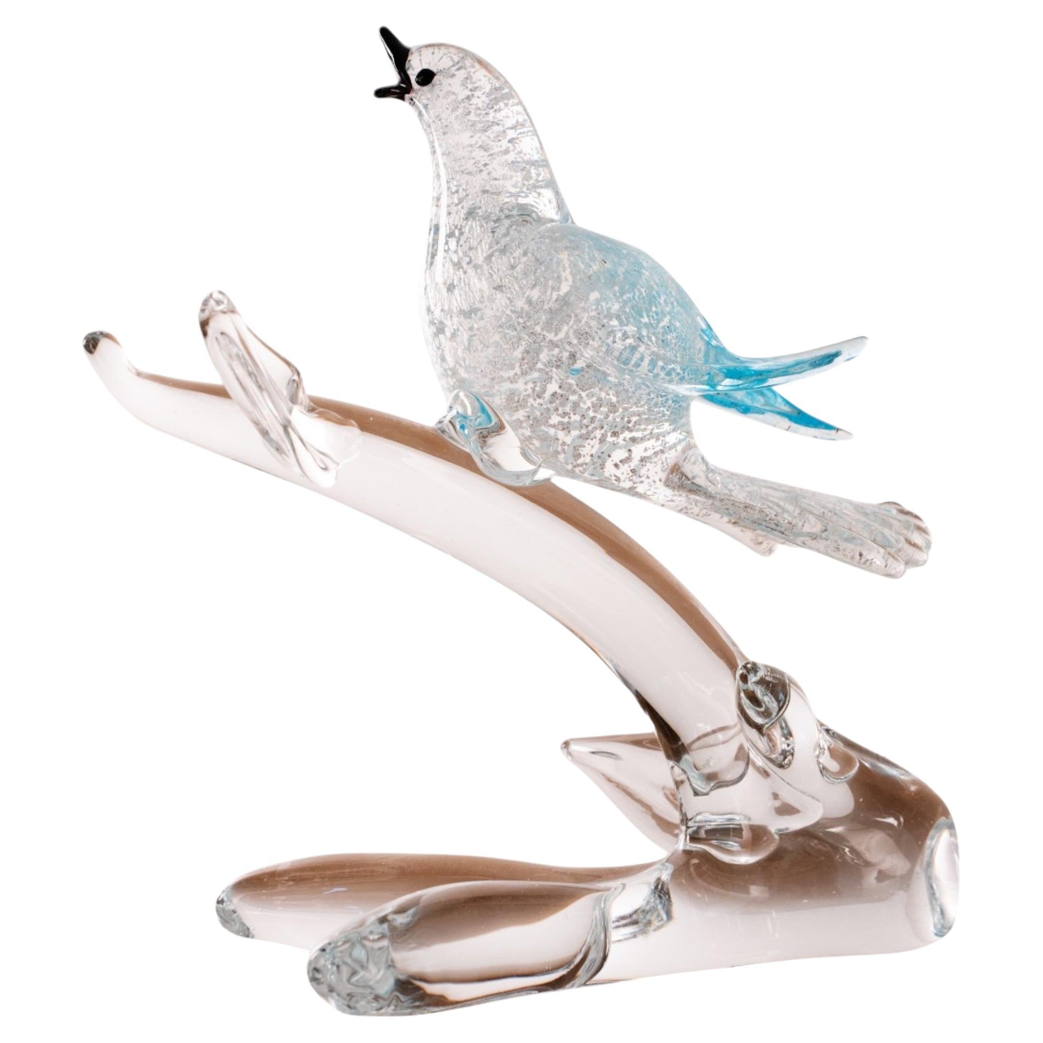 Vintage Formia Murano Sculpture en verre, oiseau bleu sur une Branch avec argent Italie