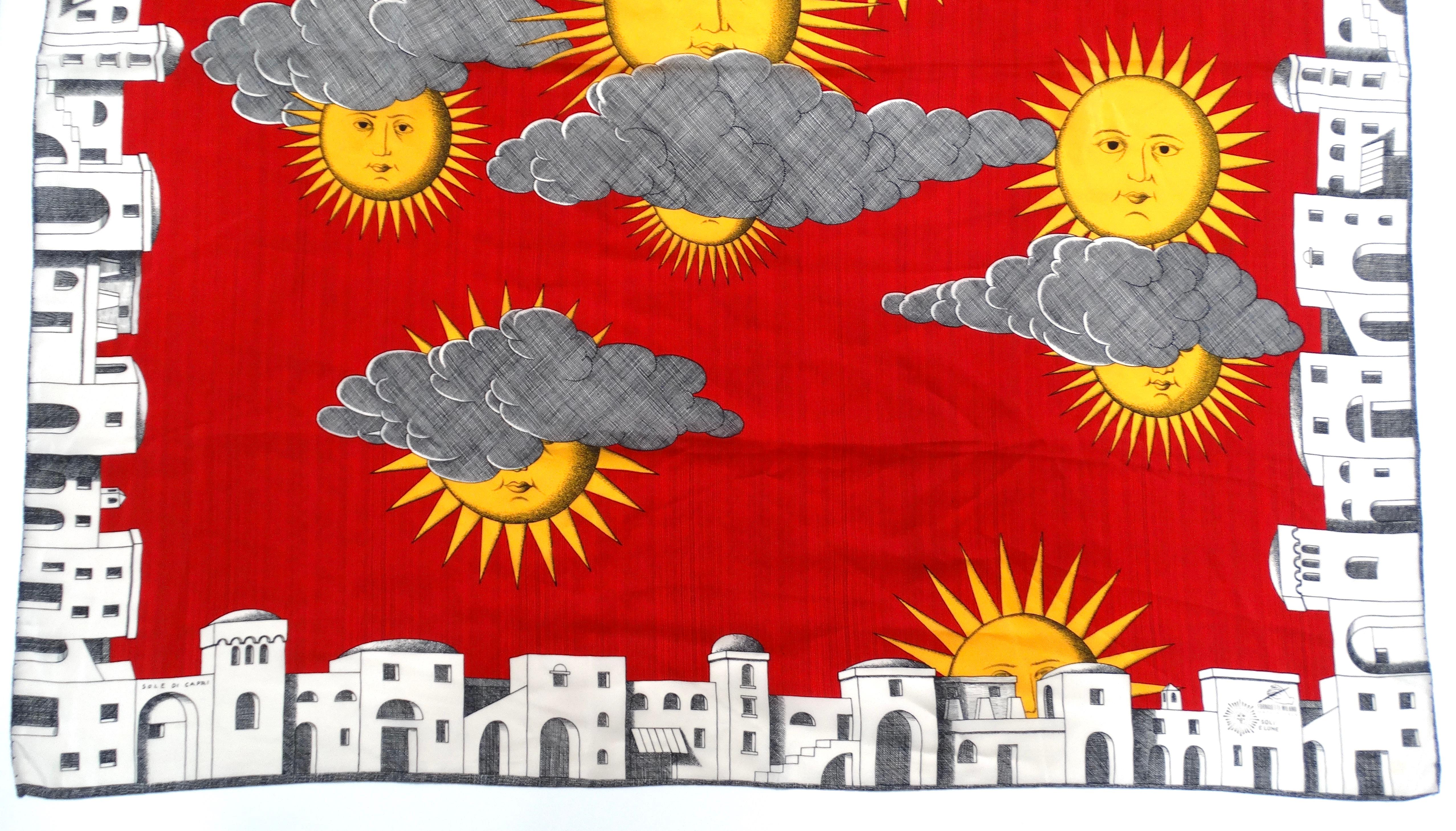 Step into timeless Italian elegance with this vintage 1950s Fornasetti silk scarf, featuring the captivating “Red Sun of Capri” print. The vibrant red base is adorned with whimsical sun cartoon motifs, interspersed with a beautifully sketched town