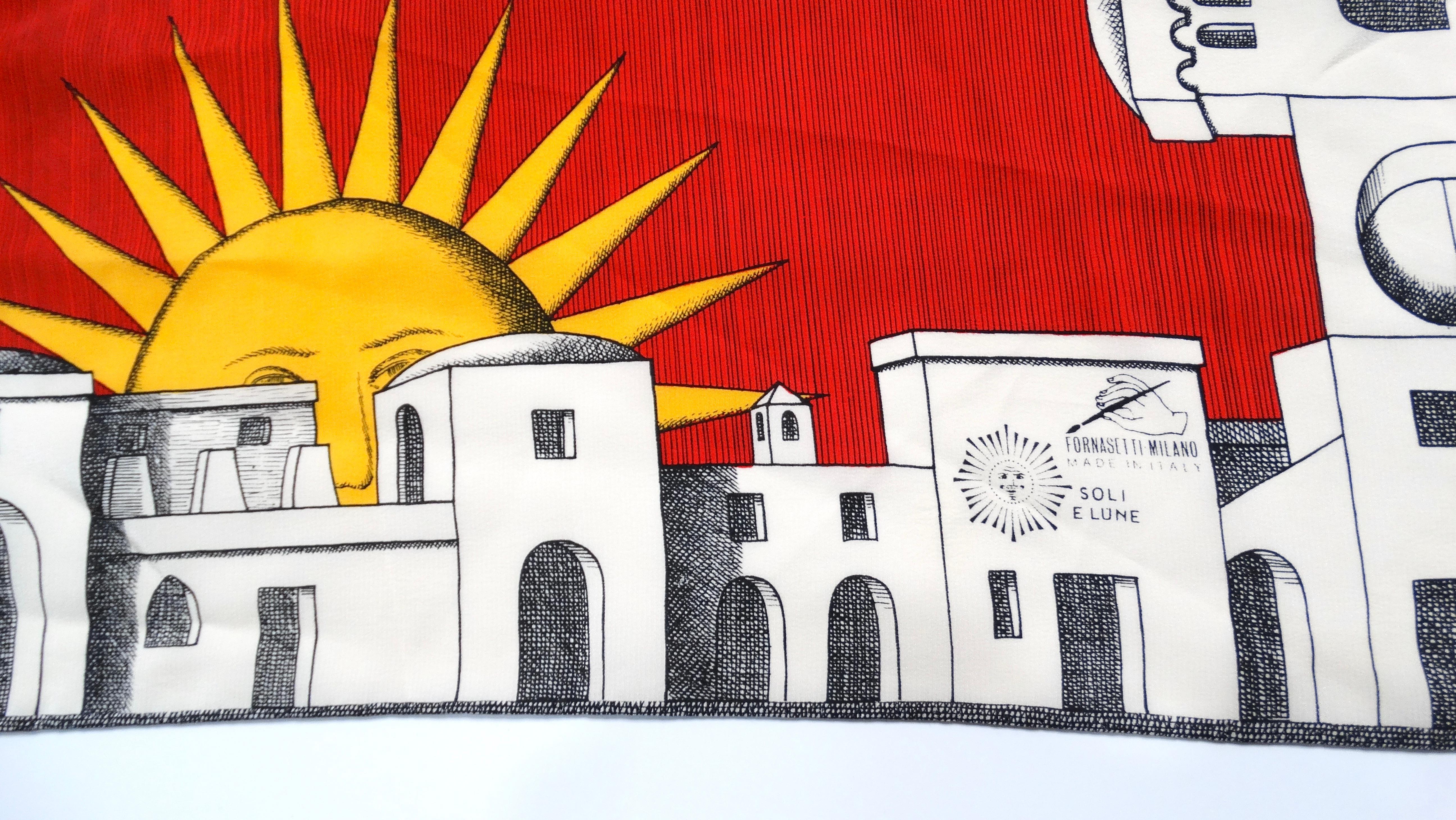 Vintage Fornasetti Red Sun of Capri Print Silk Scarf In Good Condition For Sale In Scottsdale, AZ