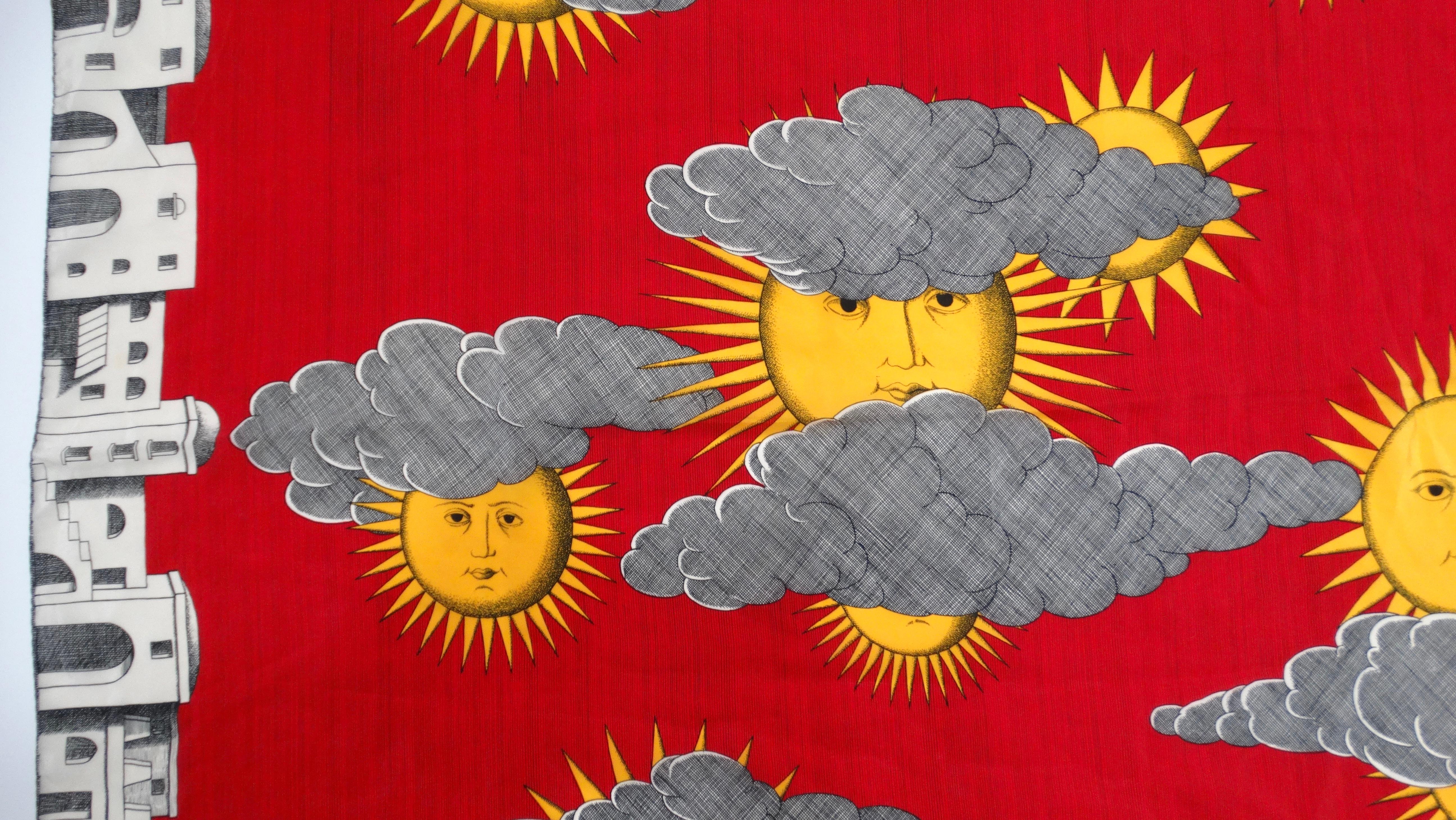 Vintage Fornasetti Red Sun of Capri Print Silk Scarf For Sale 1
