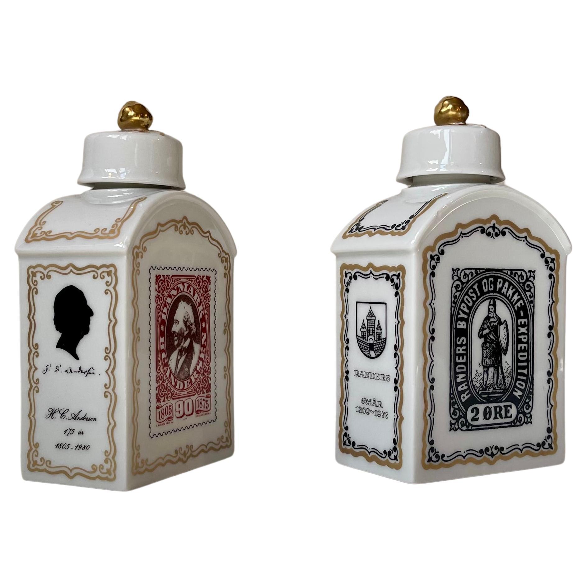 Vintage Förstenberg Porcelain Tea Caddies with Historical Danish Stamps For Sale