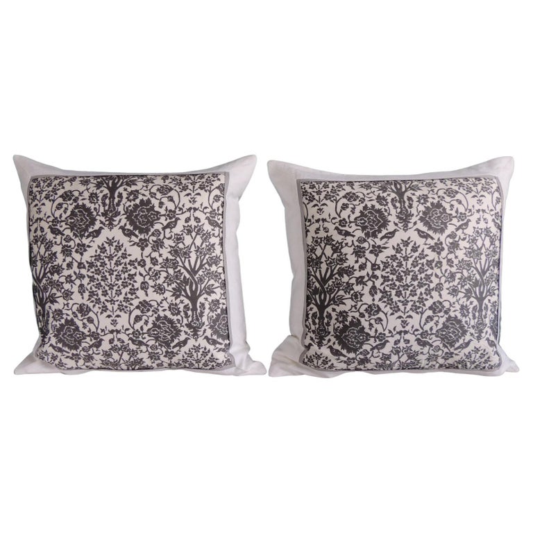 Vintage Fortuny Alderelli Fabric in Midnight and White Decorative Square Pillows For Sale