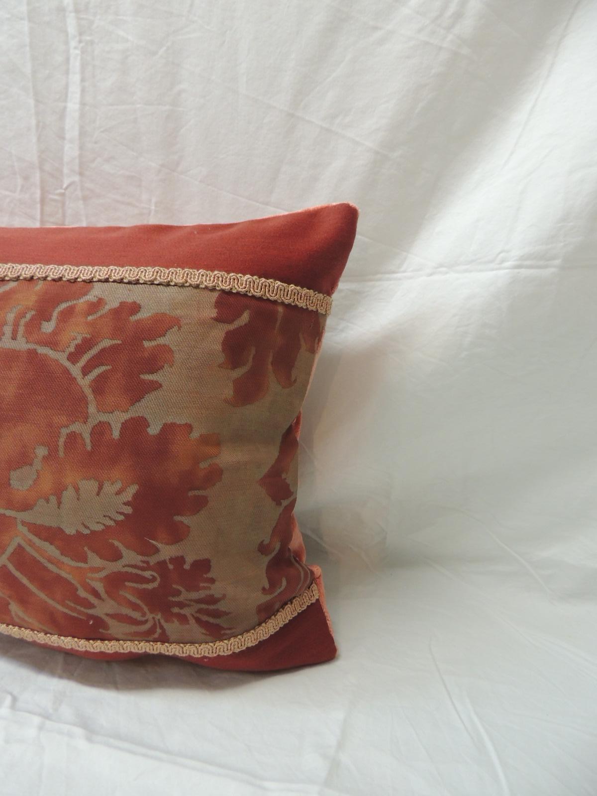 Vintage Fortuny “Glicine” pattern red and silvery decorative bolster pillow with red wool frame and orange woven decorative trim around.
Burnt orange silk velvet backing.
Decorative pillows handcrafted and designed in the USA. Closure by stitch