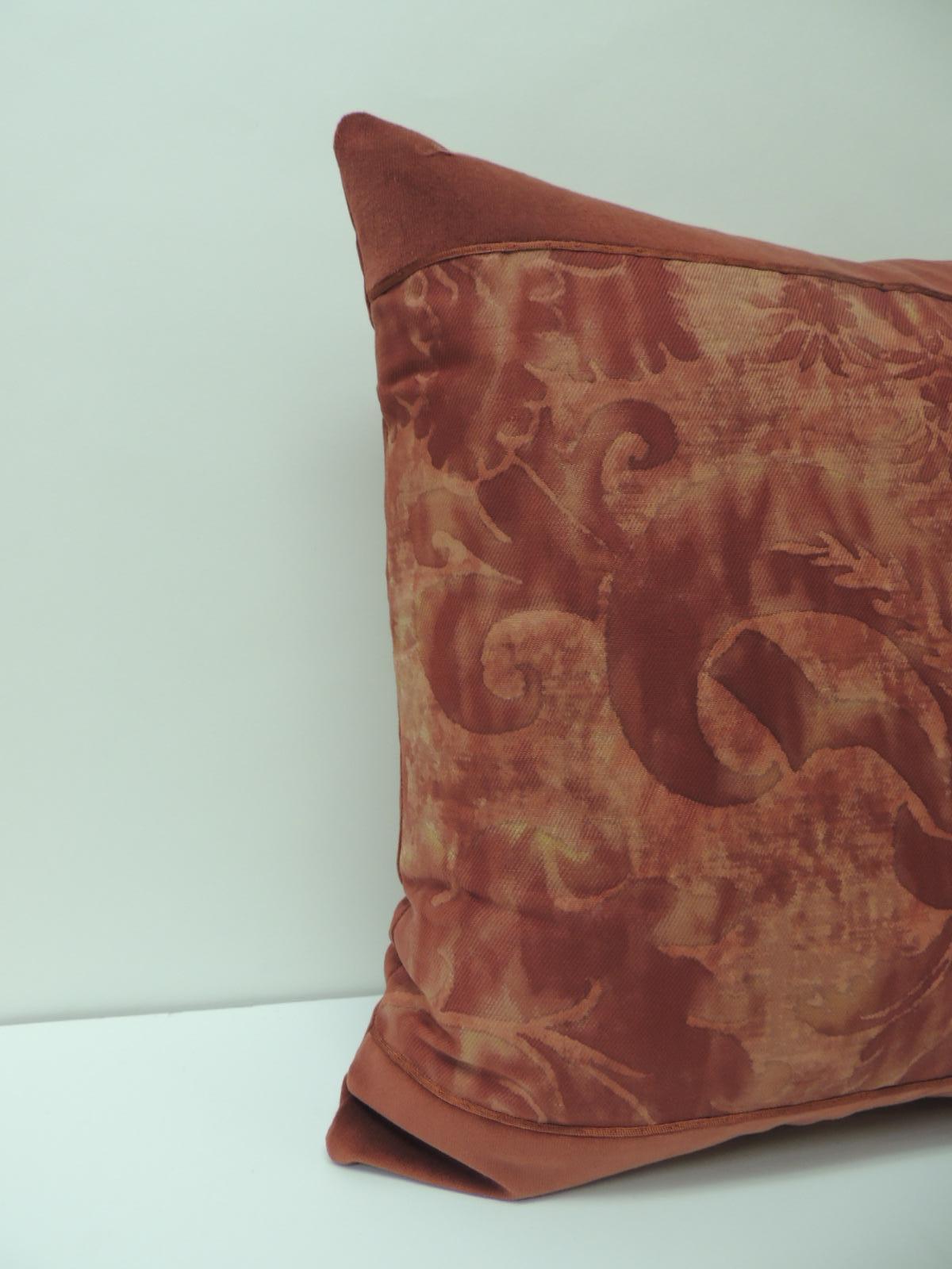 Vintage Fortuny “Glicine” pattern red and silvery decorative square pillow. Framed with burnt orange cotton velvet and embellished with small silk orange trim at seams. Backed with red cashmere fabric. This pillow were designed using the reverse
