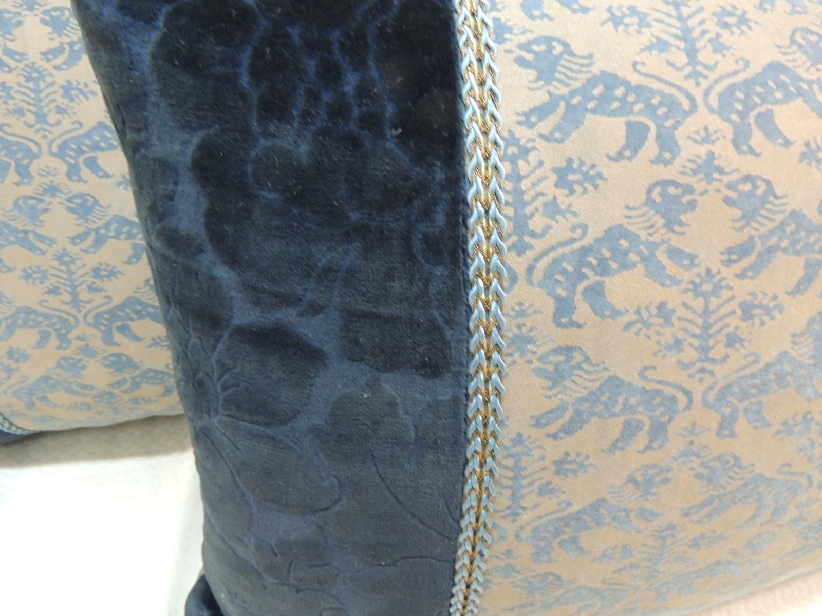 Baroque Revival Vintage Fortuny “Richelieu” Blue on Silver Decorative Bolster Pillow