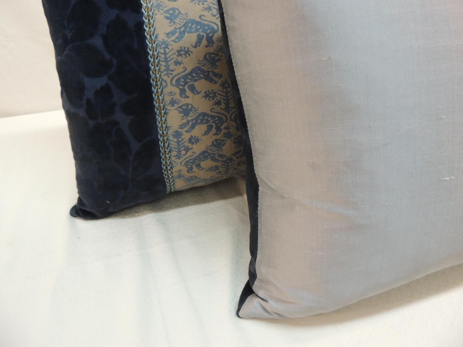 Italian Vintage Fortuny “Richelieu” Blue on Silver Decorative Bolster Pillow