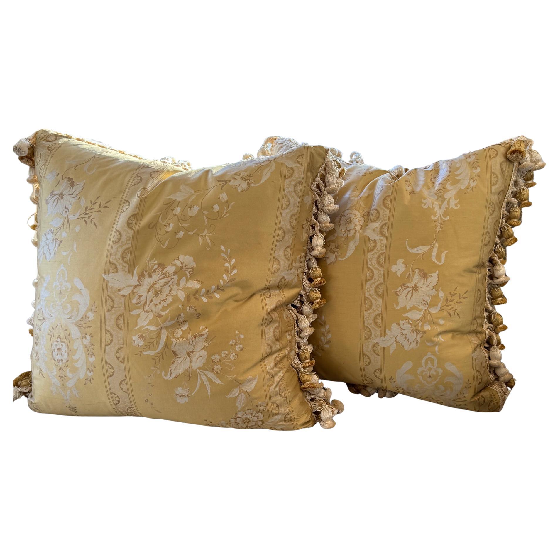 Louis XVI Vintage Fortuny Silk fabric pillows with tassels, a pair For Sale