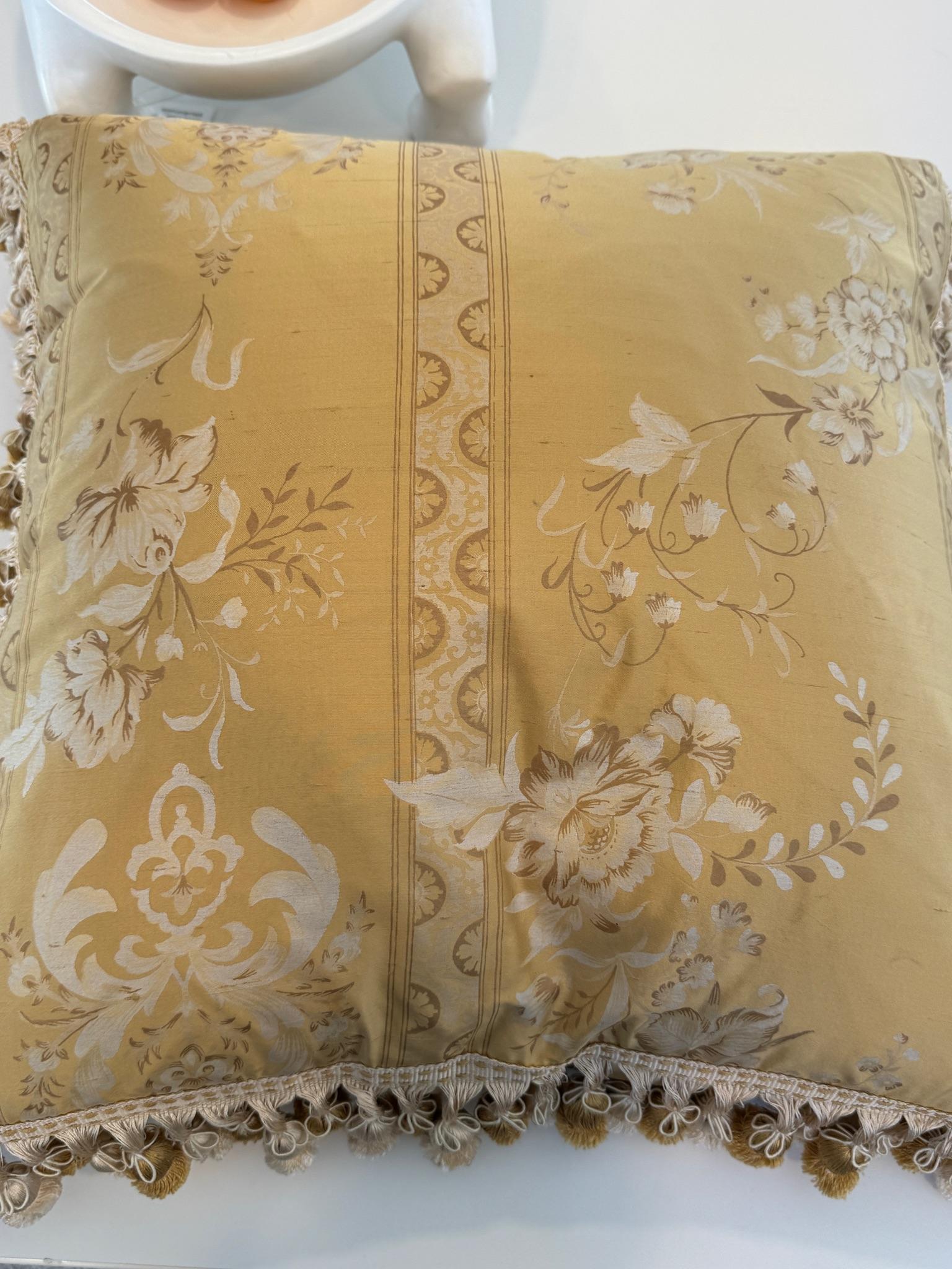 Unknown Vintage Fortuny Silk fabric pillows with tassels, a pair For Sale