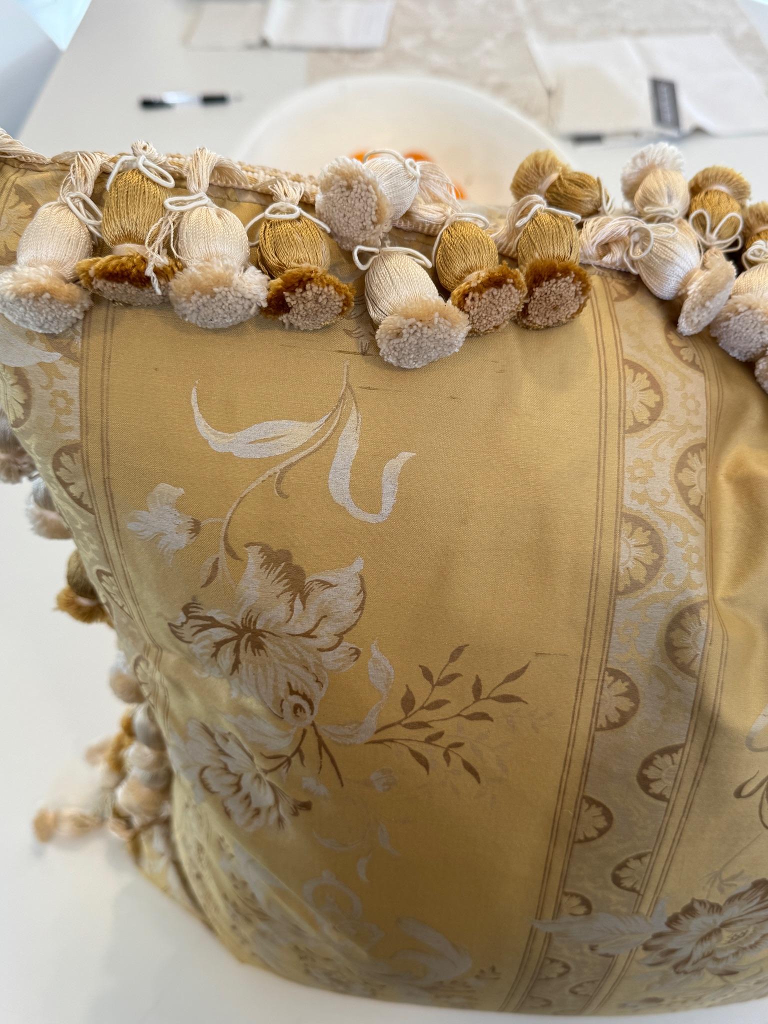 20th Century Vintage Fortuny Silk fabric pillows with tassels, a pair For Sale