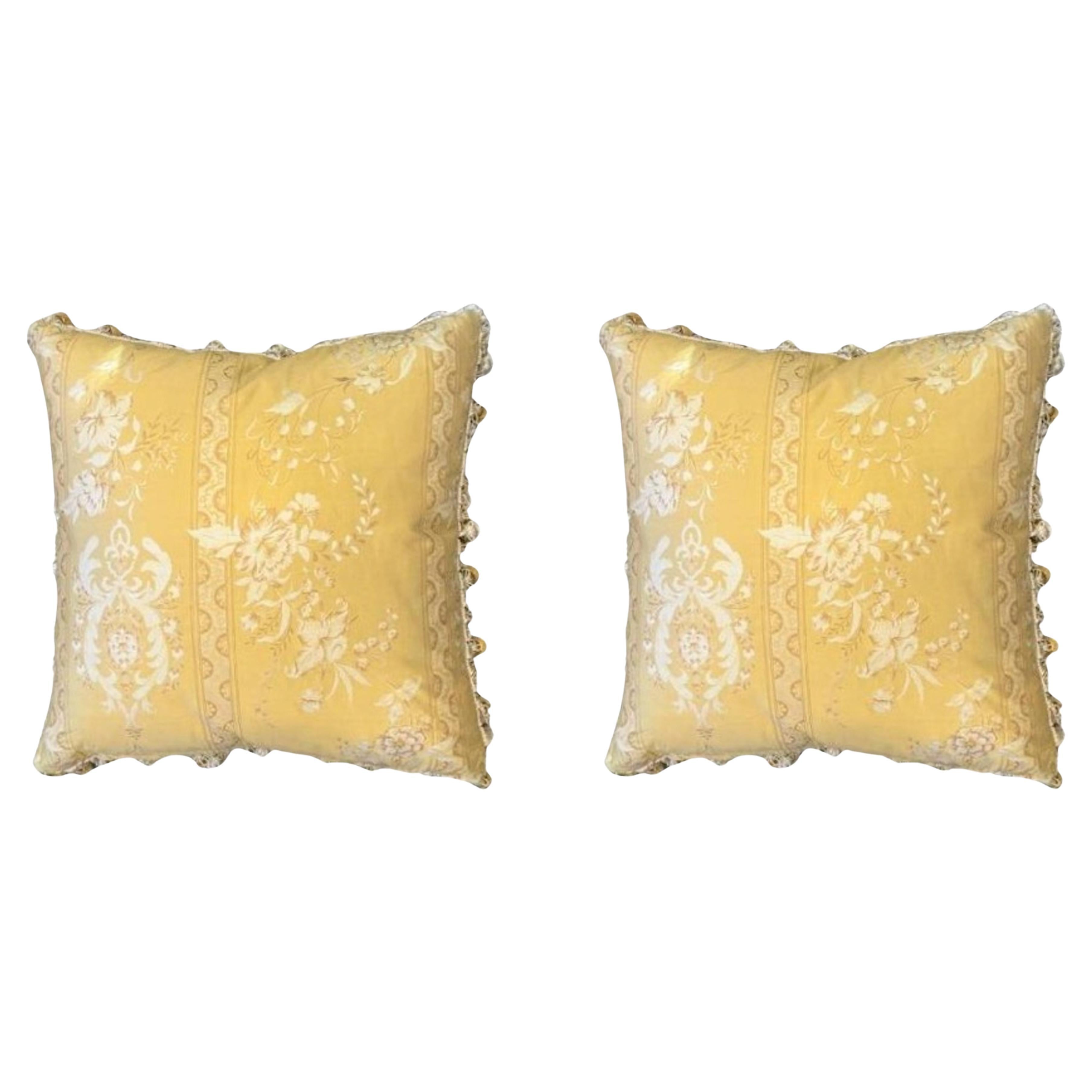 Vintage Fortuny Silk fabric pillows with tassels, a pair
