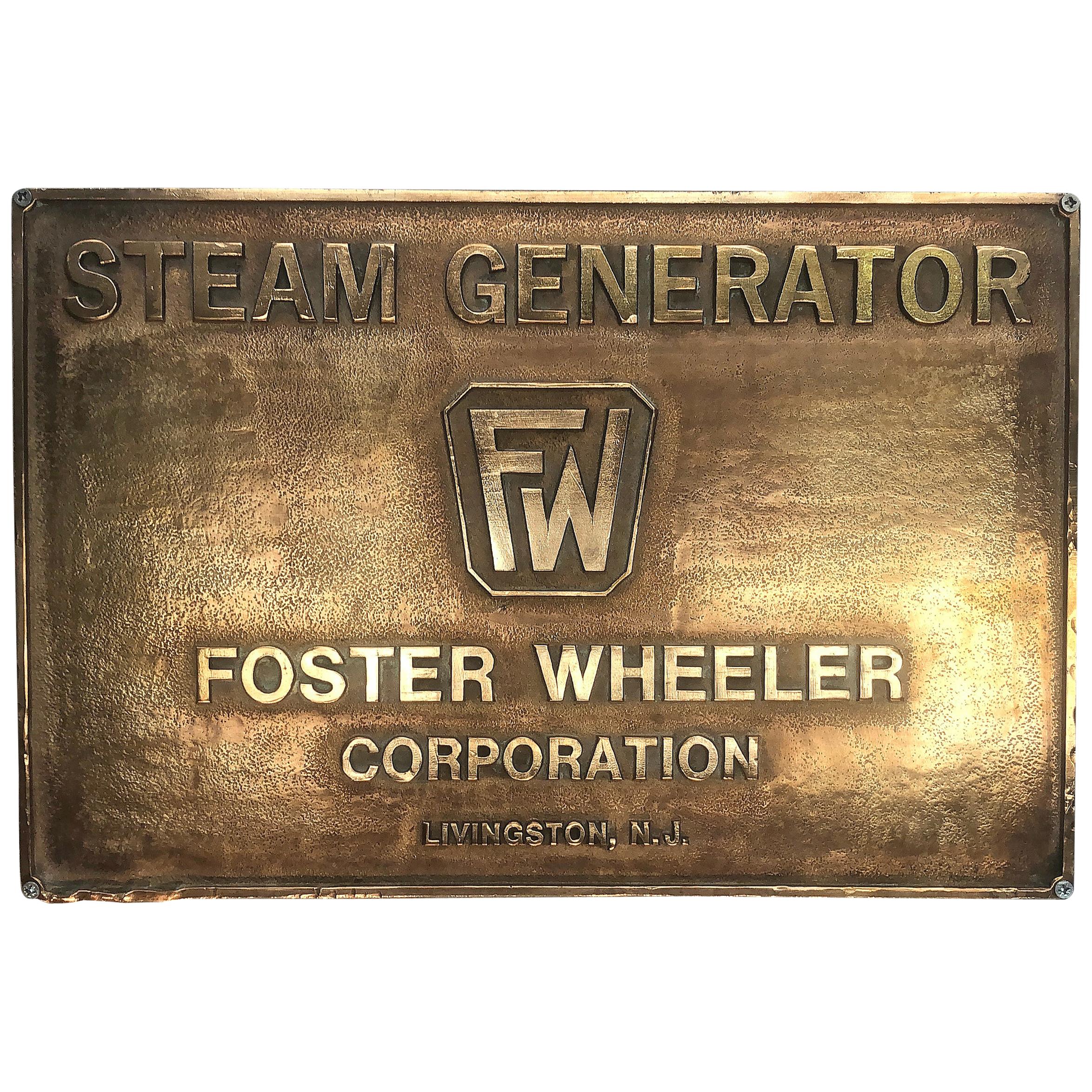 Vintage Foster Wheeler Corporation Heavy Brass Steam Generator Plaque