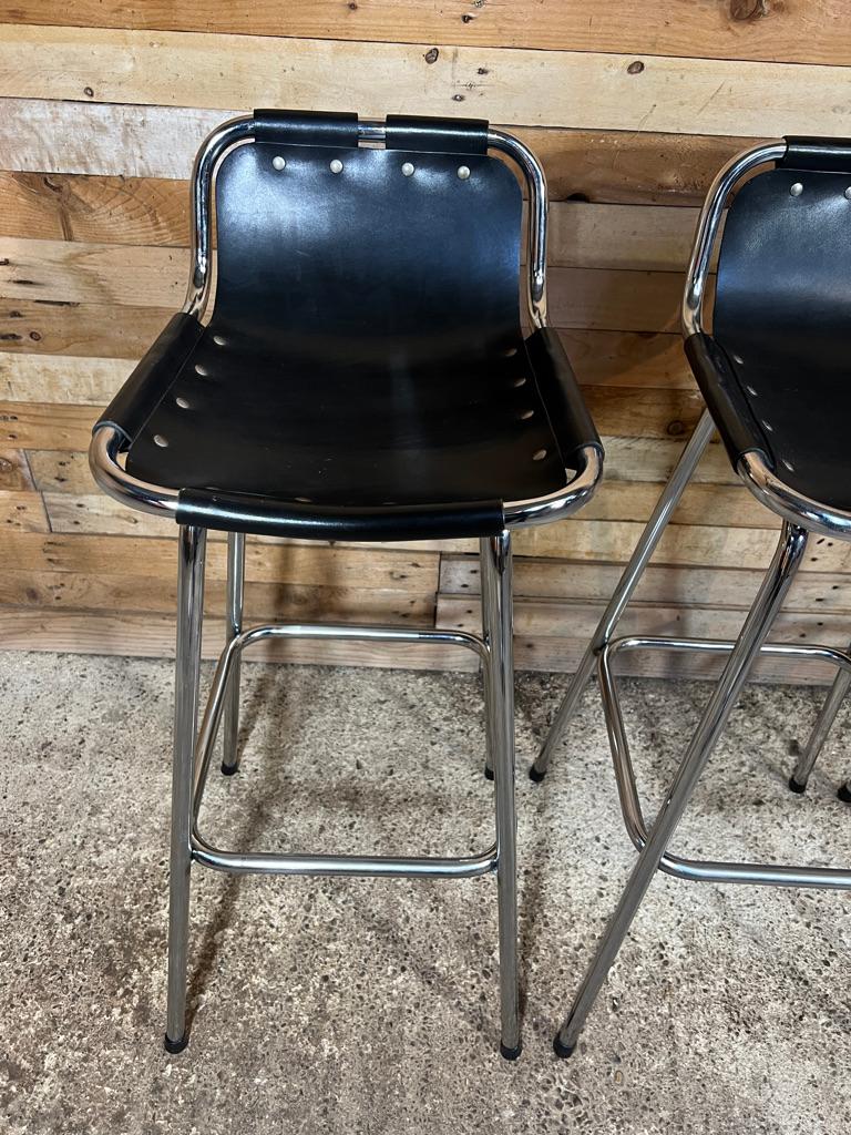 Vintage Four Black Leather Stools Selected by Charlotte Perriand for Les Arcs For Sale 3