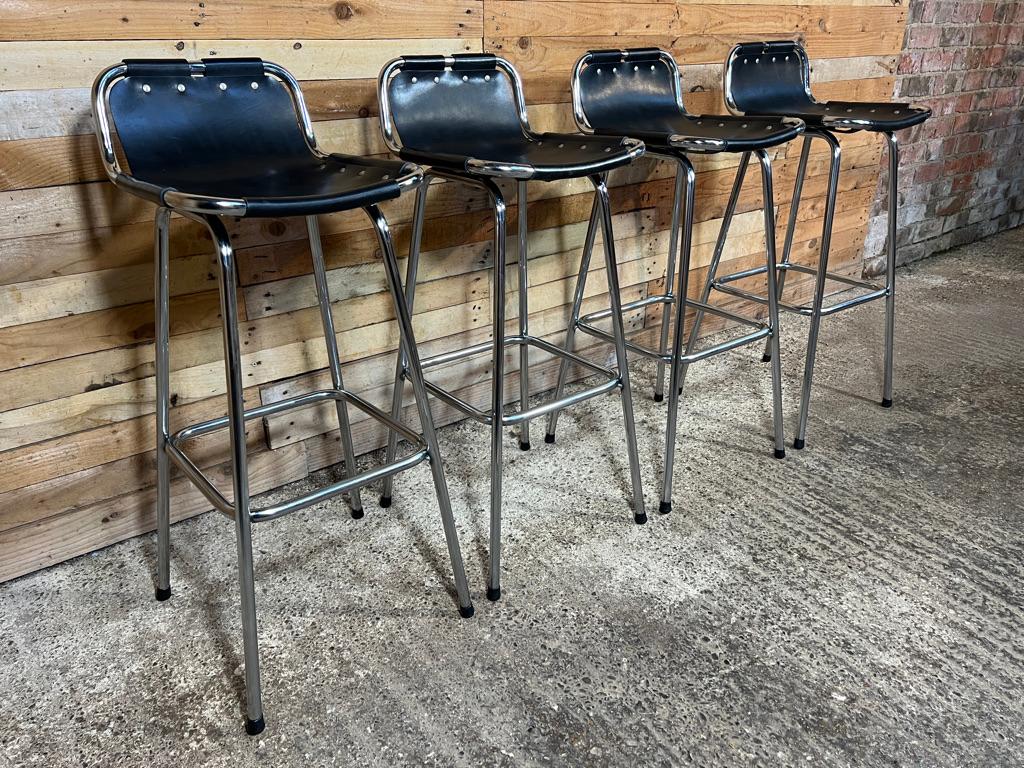 Vintage Four Black Leather Stools Selected by Charlotte Perriand for Les Arcs In Good Condition For Sale In Markington, GB