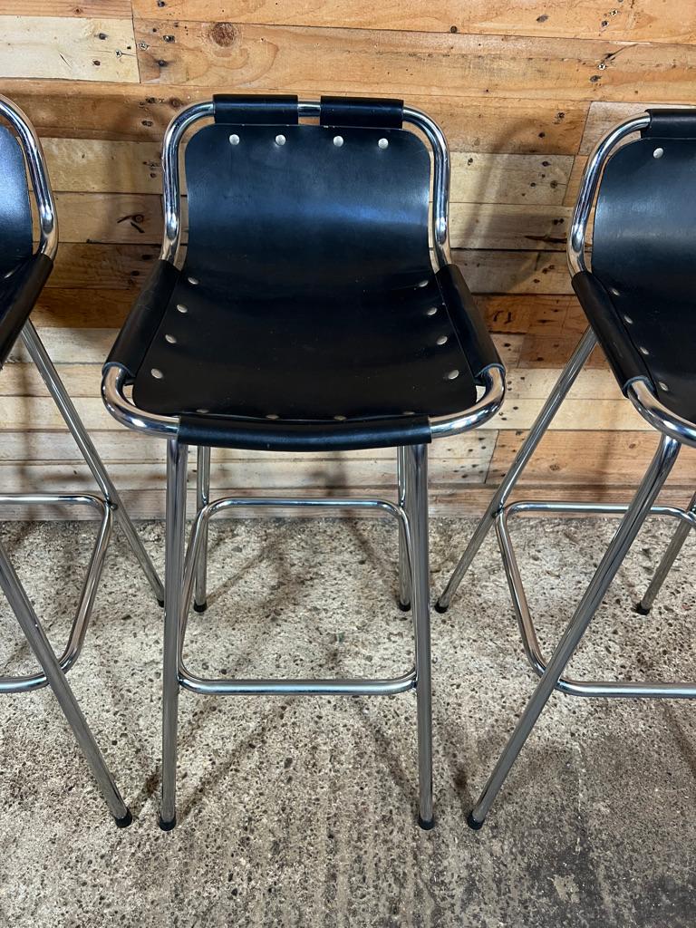 Vintage Four Black Leather Stools Selected by Charlotte Perriand for Les Arcs For Sale 1