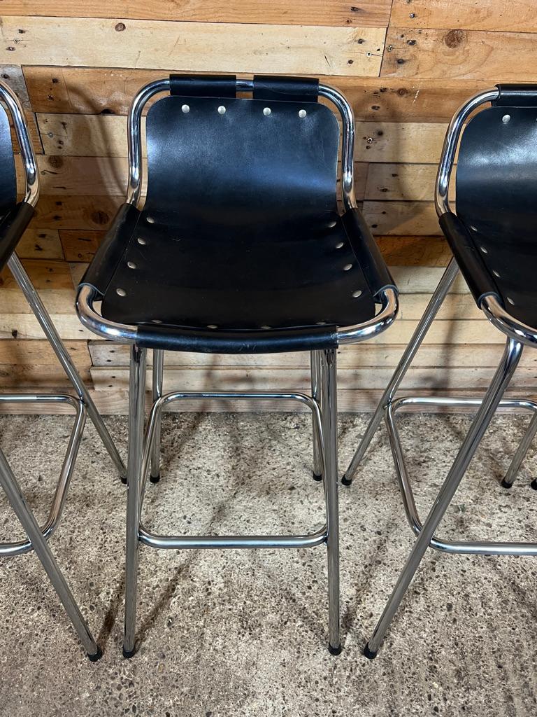Vintage Four Black Leather Stools Selected by Charlotte Perriand for Les Arcs For Sale 2