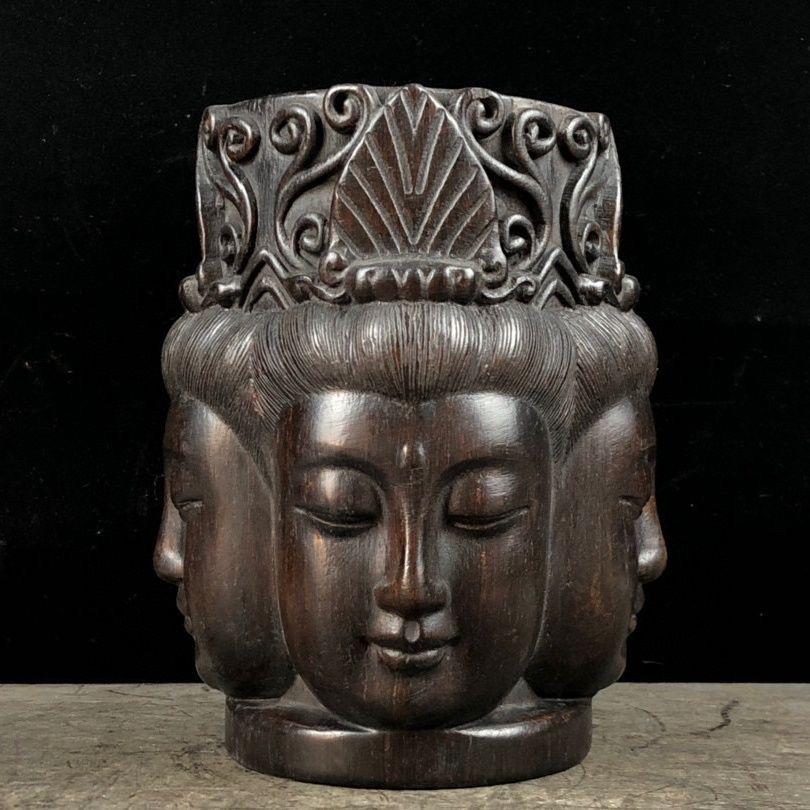 Carved Vintage Asian Wood Carving Four-Faced Guanyin Buddha Head Statue For Sale